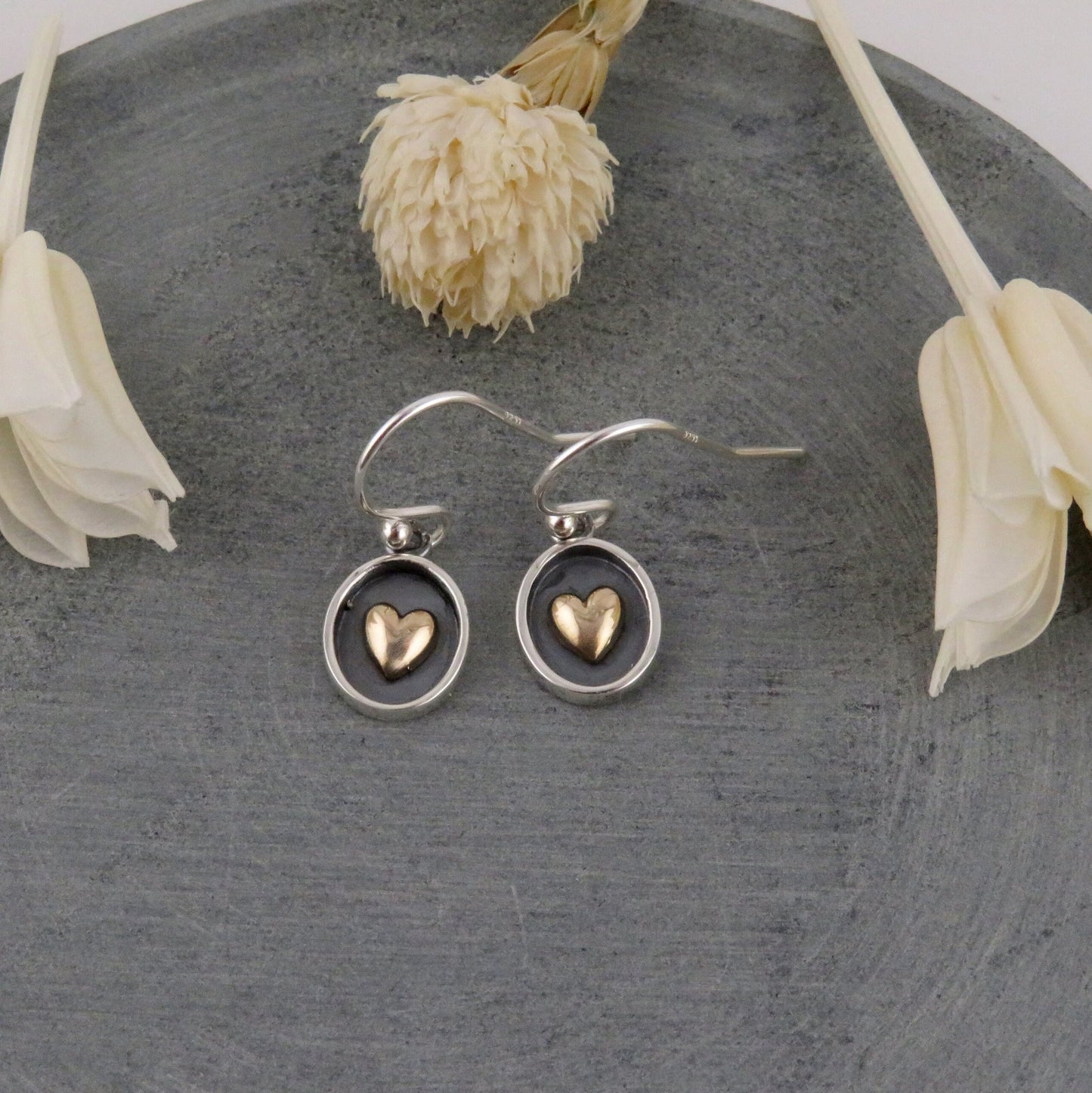 Two Tone Heart Earrings | Silver Gold Heart Earrings | Mixed Metal Heart Earrings | Sterling Heart Earrings | Framed Heart Earrings