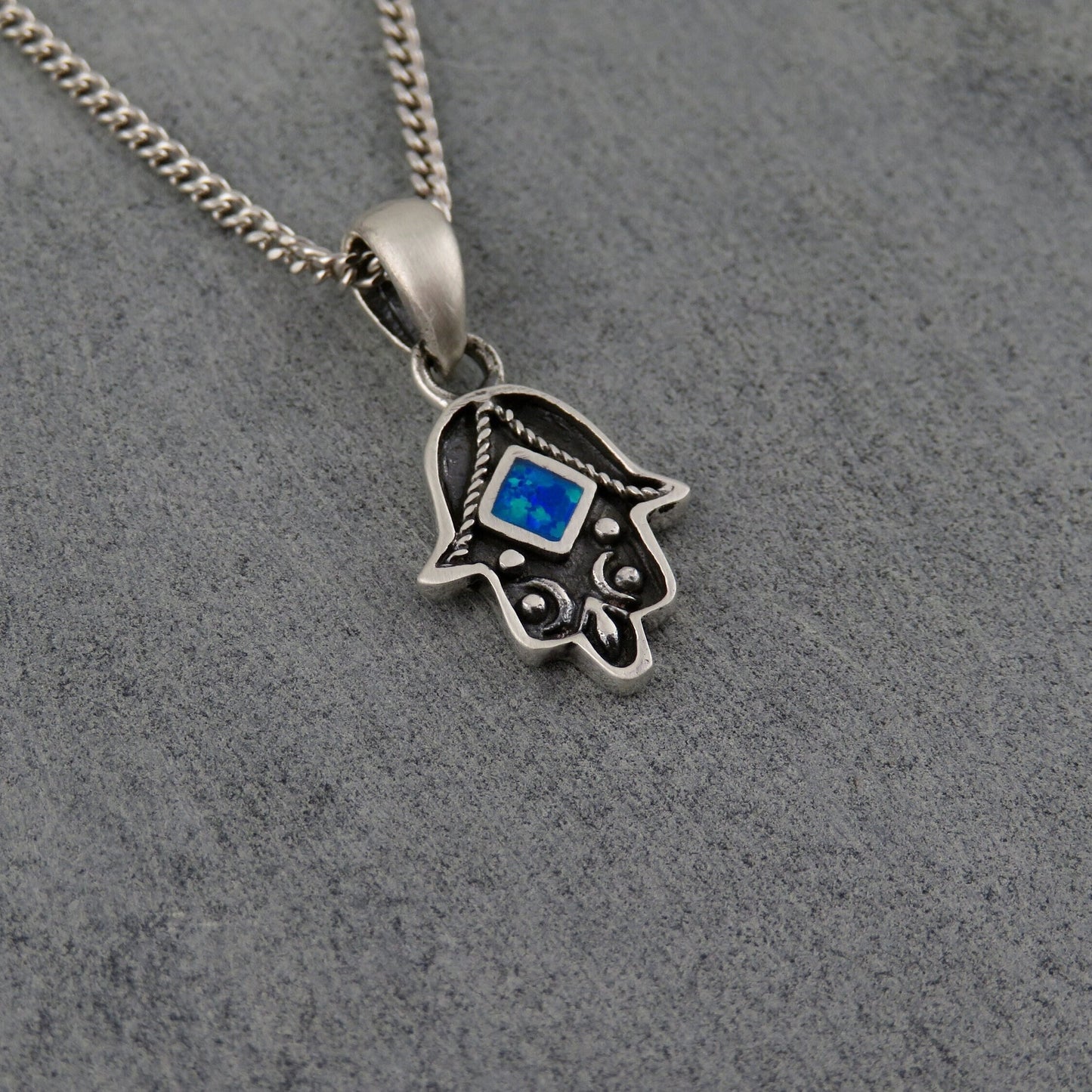 Sterling Hamsa Opal Necklace | Silver Hamsa Pendant | Rustic Hand Necklace | Opal Silver Hamsa Hand Pendant | Sterling Hamsa Opal Necklace