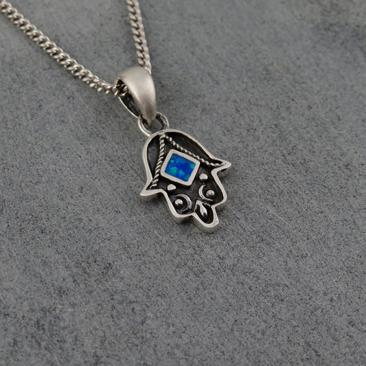 Sterling Hamsa Opal Necklace | Silver Hamsa Pendant | Rustic Hand Necklace | Opal Silver Hamsa Hand Pendant | Sterling Hamsa Opal Necklace