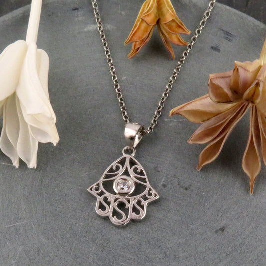 Cutout Hamsa w CZ Necklace