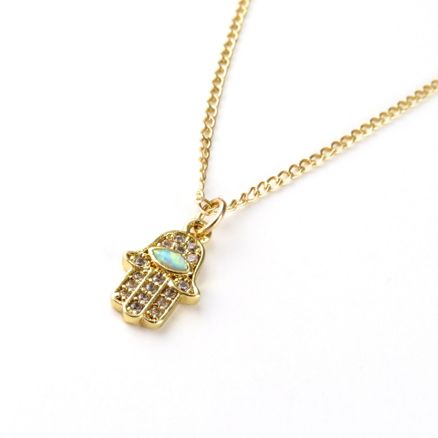 Gold Hamsa Necklace | Opal CZ Hamsa Necklace | Delicate Hamsa Hand Necklace | Gold Sparkly Hamsa Pendant | Minimal Hand of God Necklace
