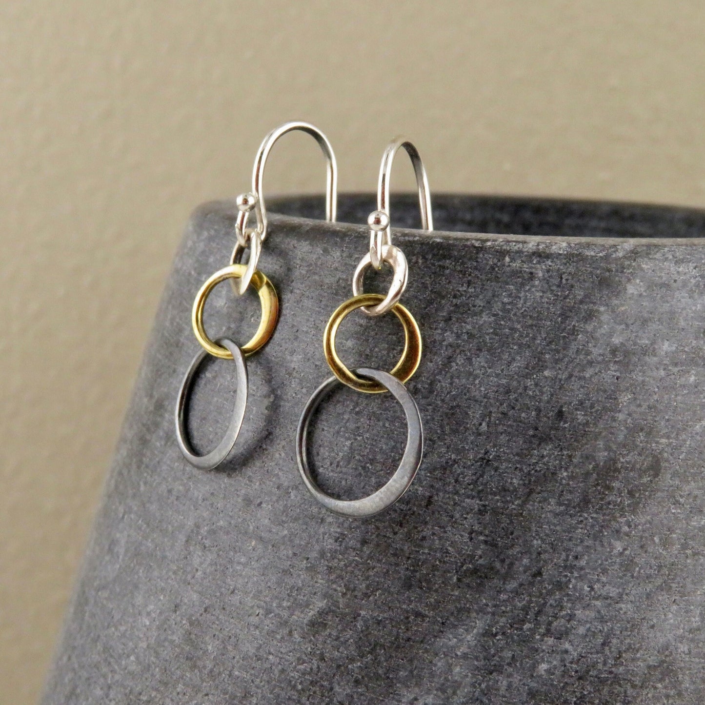 Mixed Metal Earrings | Silver Gold Rings Earring | Two Tone Circles Earrings | Delicate Mixed Tones Earrings | Three Circles Earrings Small