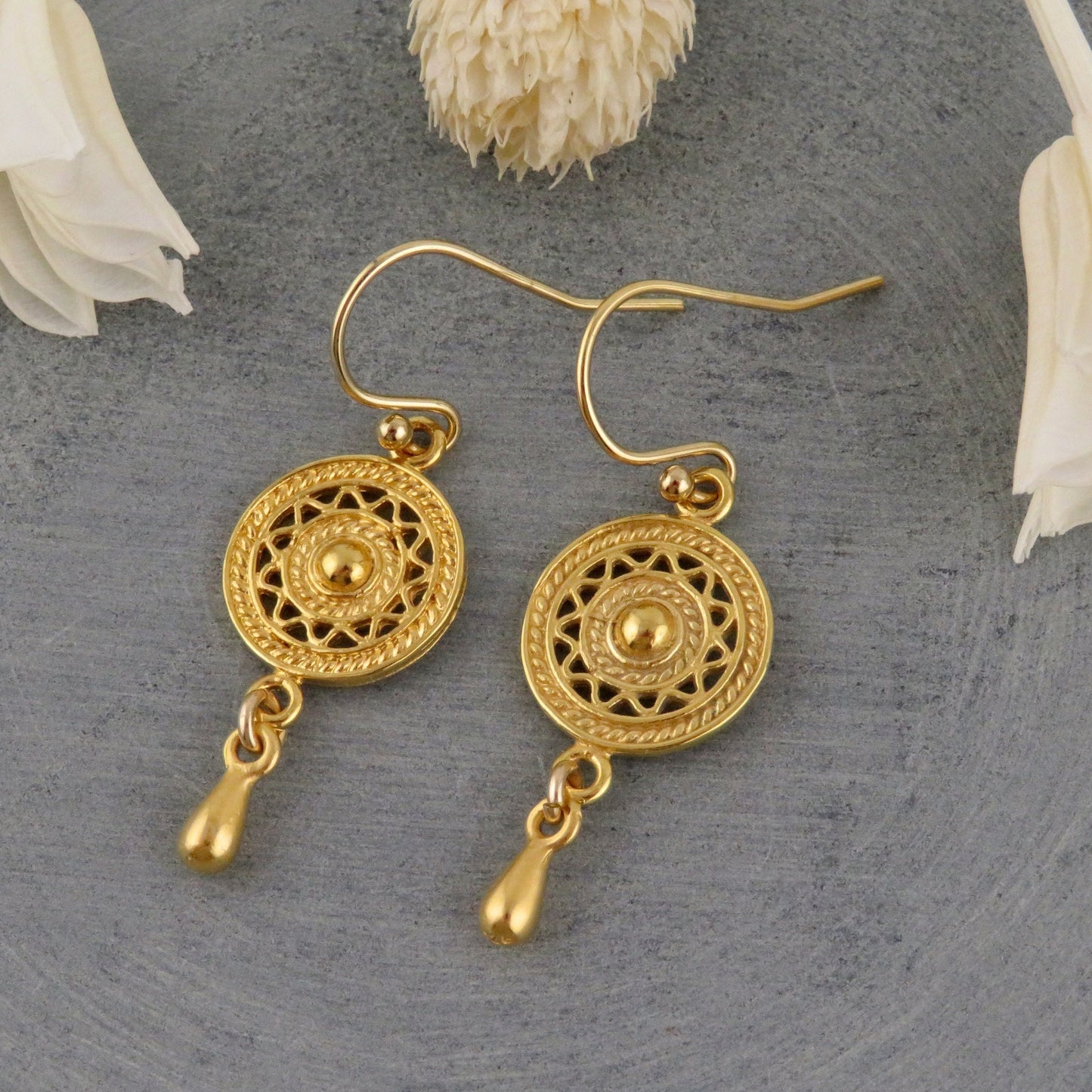 Gold Mandala Earrings | Geometric Gold Earrings | Gold Circle Earrings | Gold Intricate Earrings | Gold Dice Earrings with Drop