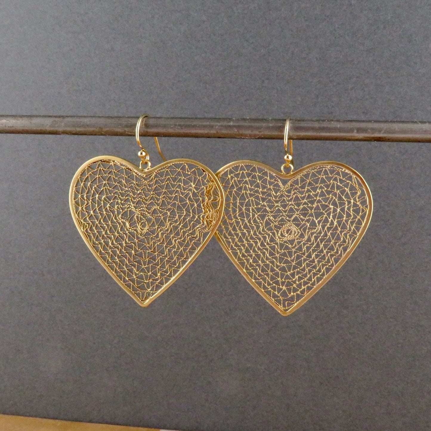 Gold Mesh Earrings | Gold Heart Earrings | Large Gold Heart Earrings | Gold Woven Heart Earrings | Large Gold Delicate Earrings | Mesh Heart