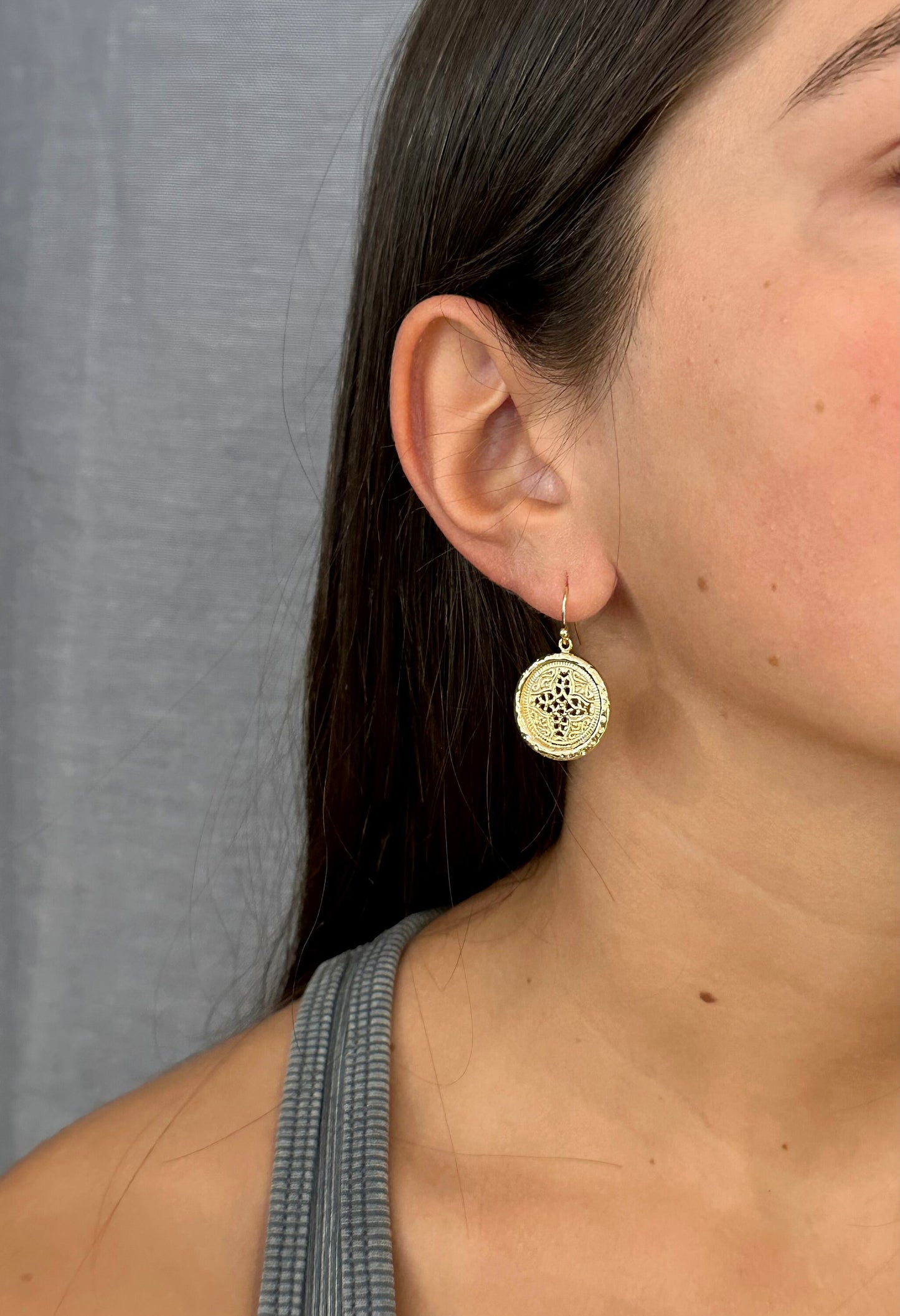 Gold Geometric Earrings | Hammered Gold Earrings | Gold Intricate Earrings | Shiny Gold Earrings | Gold Disc Earrings | Unique Gold Earrings