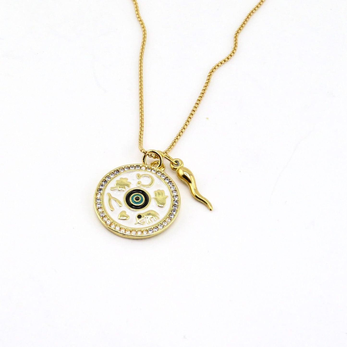 Lucky Amulet Necklace | Lucky Symbols Pendant | Gold Luck Medallion | Gold Horn Luck Necklace | Gold Amulet Medallion | Gold Lucky Symbols