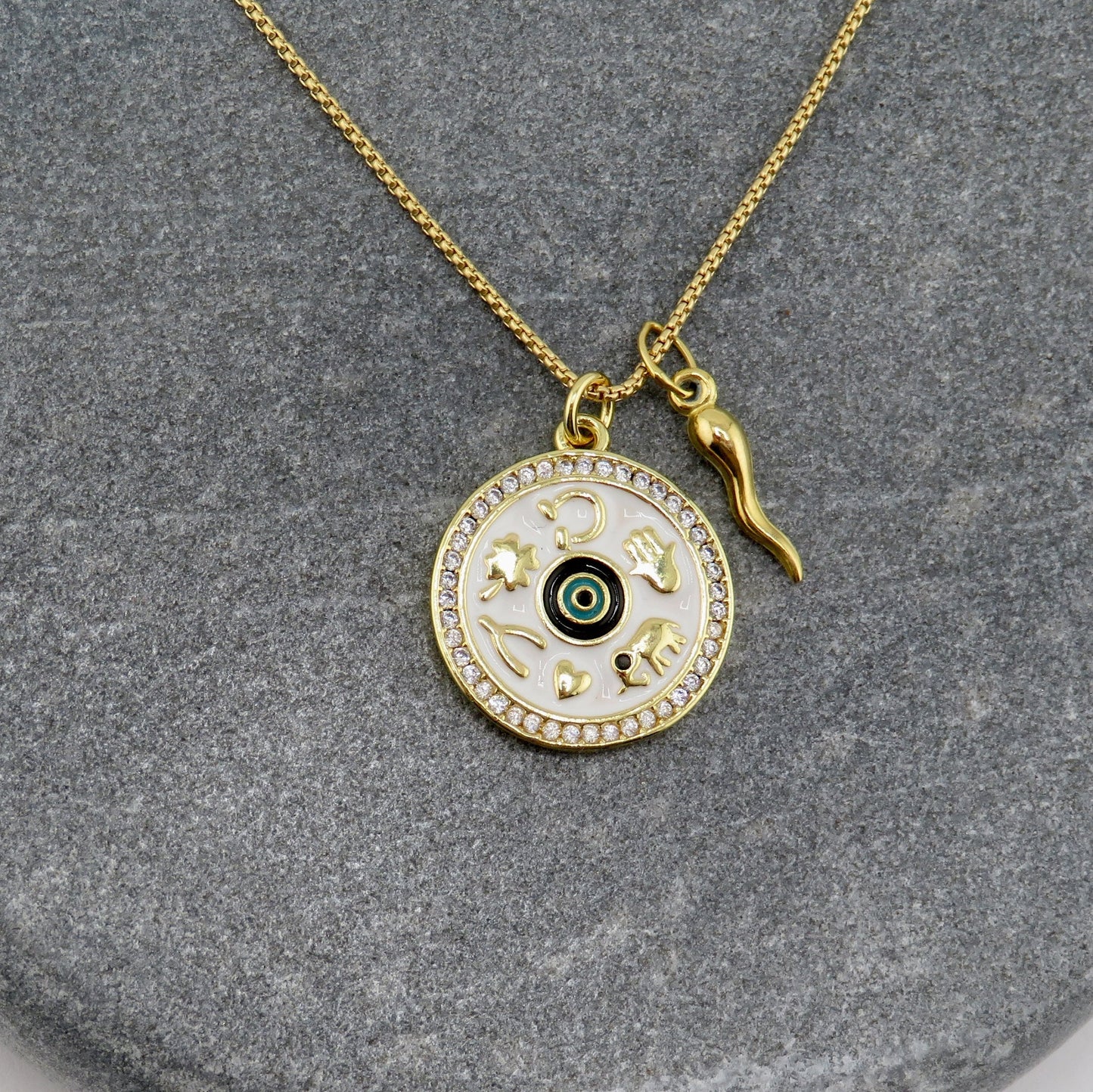 Lucky Amulet Necklace | Lucky Symbols Pendant | Gold Luck Medallion | Gold Horn Luck Necklace | Gold Amulet Medallion | Gold Lucky Symbols