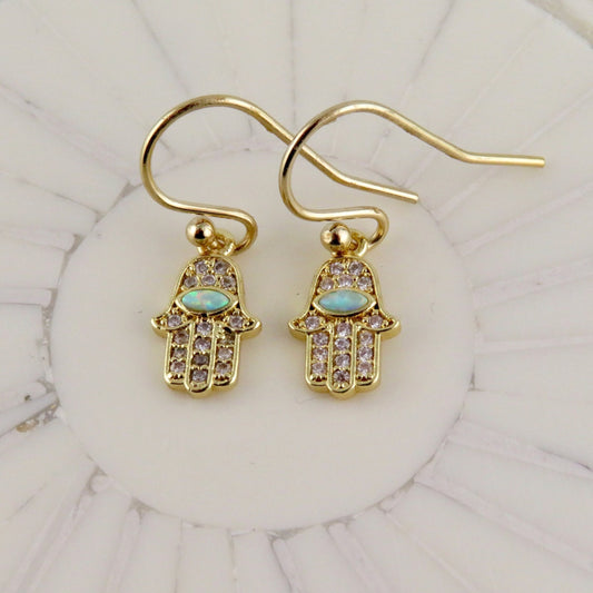 Gold Hamsa Earrings | Opal CZ Hamsa Earrings | Delicate Hamsa Hand Earrings | Gold Sparkly Hamsa Earrings | Minimal Hand of God Earrings