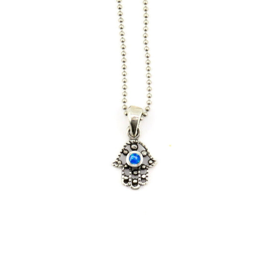 Sterling Hamsa Opal Necklace | Silver Hamsa Eye Pendant | Rustic Small Hand Necklace | Opal Silver Hamsa Pendant | Silver Evil Eye Necklace