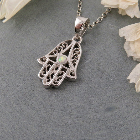 Scrollwork Hamsa w Opal Necklace