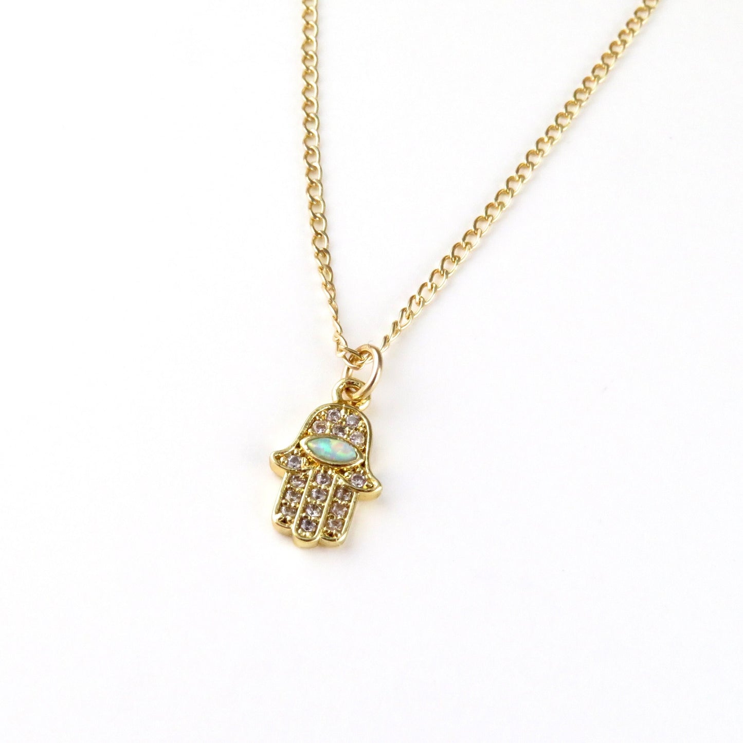 Gold Hamsa Necklace | Opal CZ Hamsa Necklace | Delicate Hamsa Hand Necklace | Gold Sparkly Hamsa Pendant | Minimal Hand of God Necklace