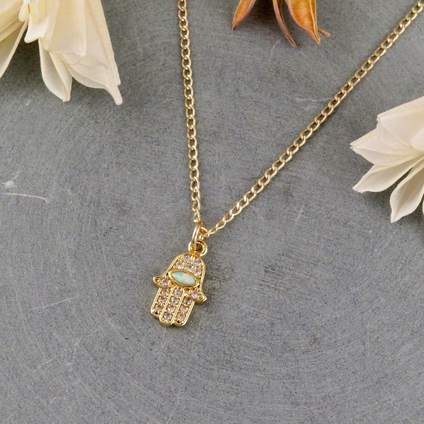 Gold Hamsa Necklace | Opal CZ Hamsa Necklace | Delicate Hamsa Hand Necklace | Gold Sparkly Hamsa Pendant | Minimal Hand of God Necklace
