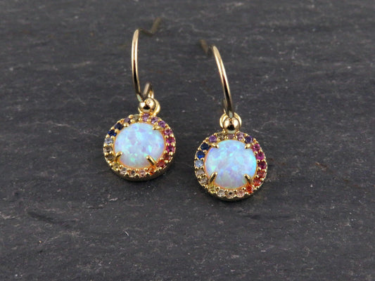 Gold Colorful Opal Earrings | Gold Filled Opal Pendant | Gold Round Opal Earrings | Rainbow Opal Earrings | Gold Opal Earrings | White Opal