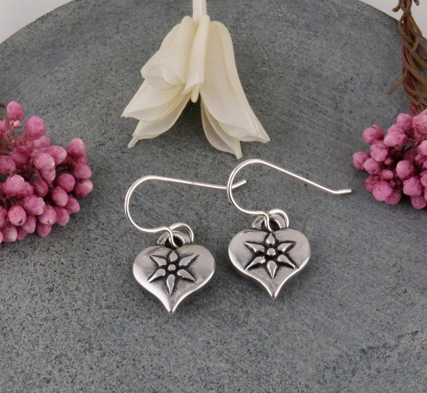 Silver Heart Earrings | Hammered Heart Earrings | Unique Silver Heart Earring | Rustic Silver Heart Earrings | Heart with Flower Earrings