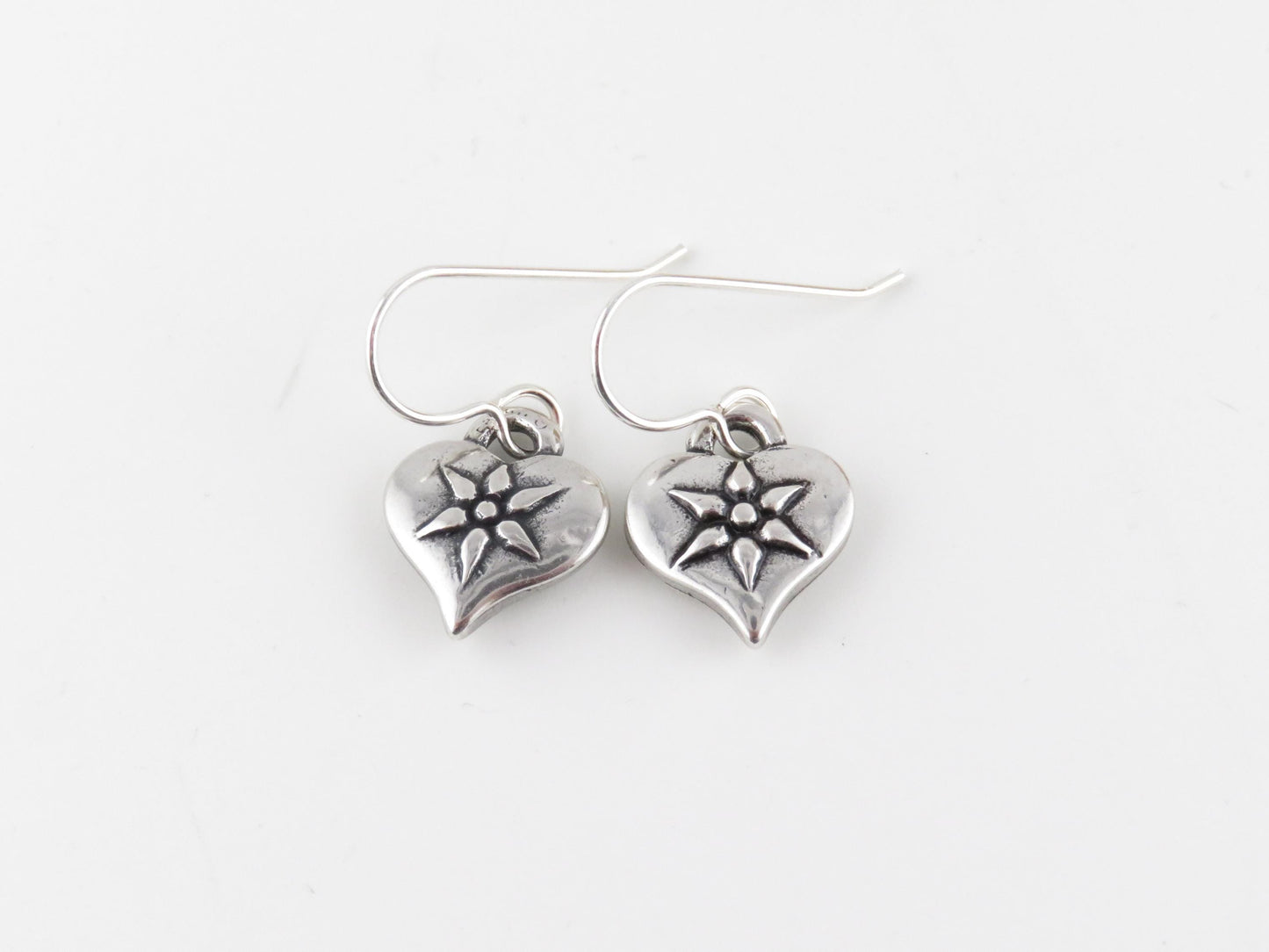 Silver Heart Earrings | Hammered Heart Earrings | Unique Silver Heart Earring | Rustic Silver Heart Earrings | Heart with Flower Earrings