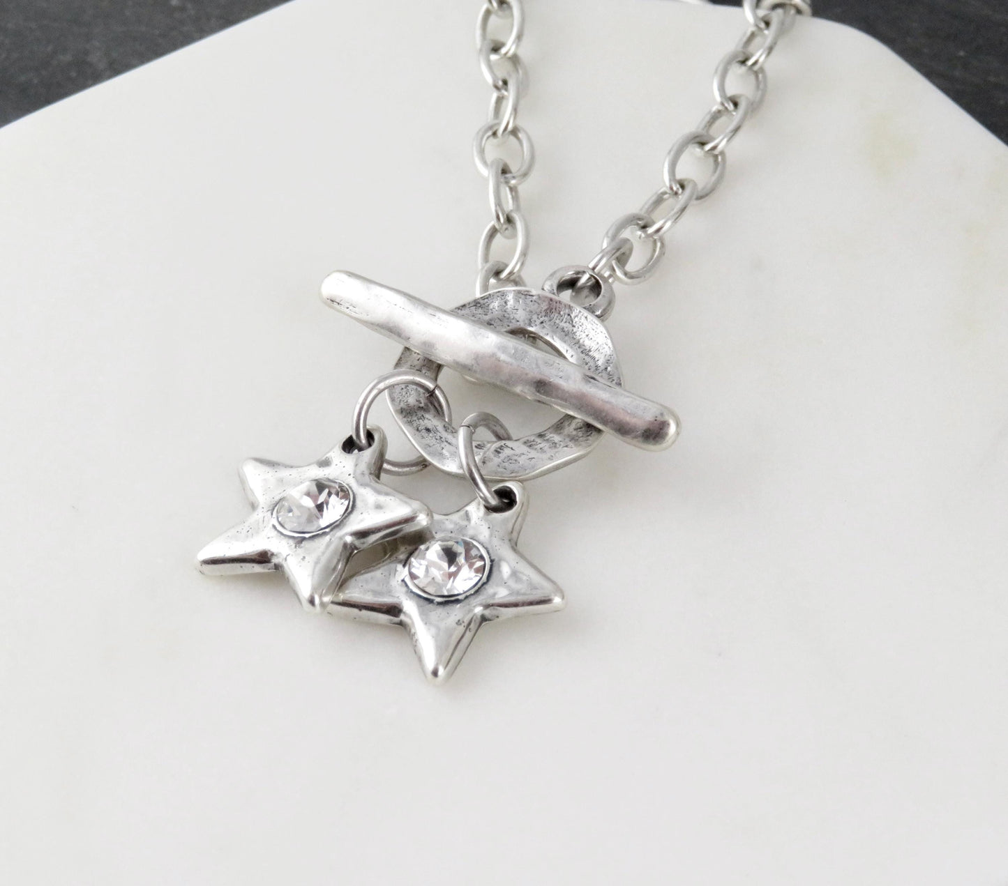 Silver Stars Front Toggle Necklace | Silver Star Necklace | Hammered Silver Star Pendant | Chunky Star Silver Necklace