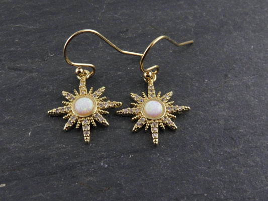 Starburst Opal Earrings | Gold Opal Earrings | Gold Geo Opal Earrings | Opal CZ Earrings | White Opal Star Earrings | Opal Star Earrings