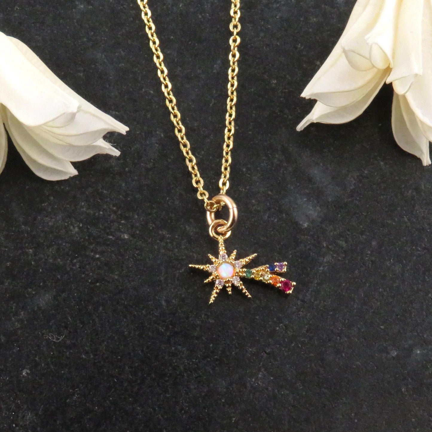 Gold Star Opal Necklace | Shooting Star Opal Pendant | Colorful Opal Necklace | Opal CZ Supernova Necklace | Opal Rainbow Star Necklace