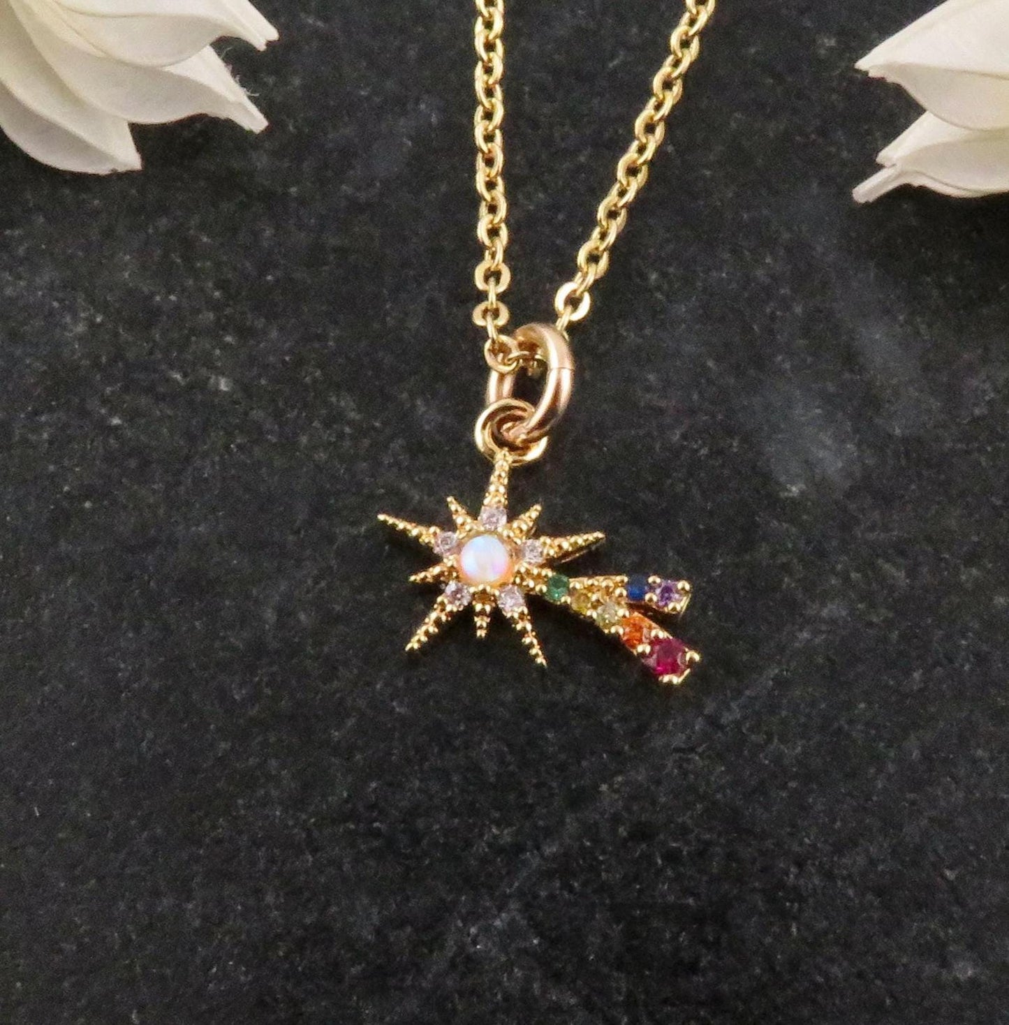 Gold Star Opal Necklace | Shooting Star Opal Pendant | Colorful Opal Necklace | Opal CZ Supernova Necklace | Opal Rainbow Star Necklace