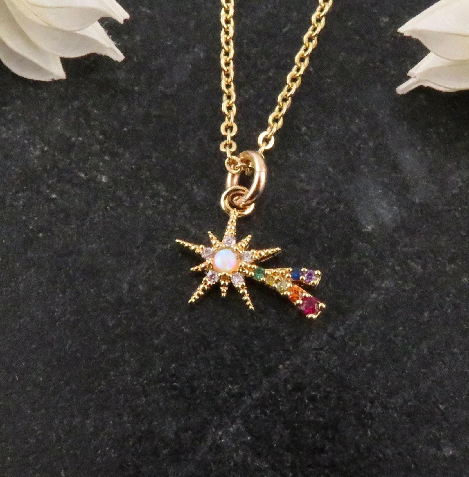 Gold Star Opal Necklace | Shooting Star Opal Pendant | Colorful Opal Necklace | Opal CZ Supernova Necklace | Opal Rainbow Star Necklace