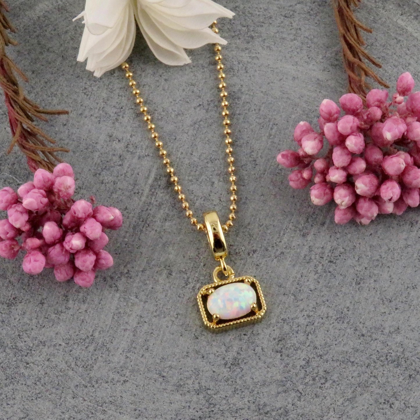 Gold White Opal Necklace | Gold Filled Opal Pendant | Gold Retro Opal Necklace | Framed Opal Necklace | Gold Opal Jewelry | Geo Opal Charm