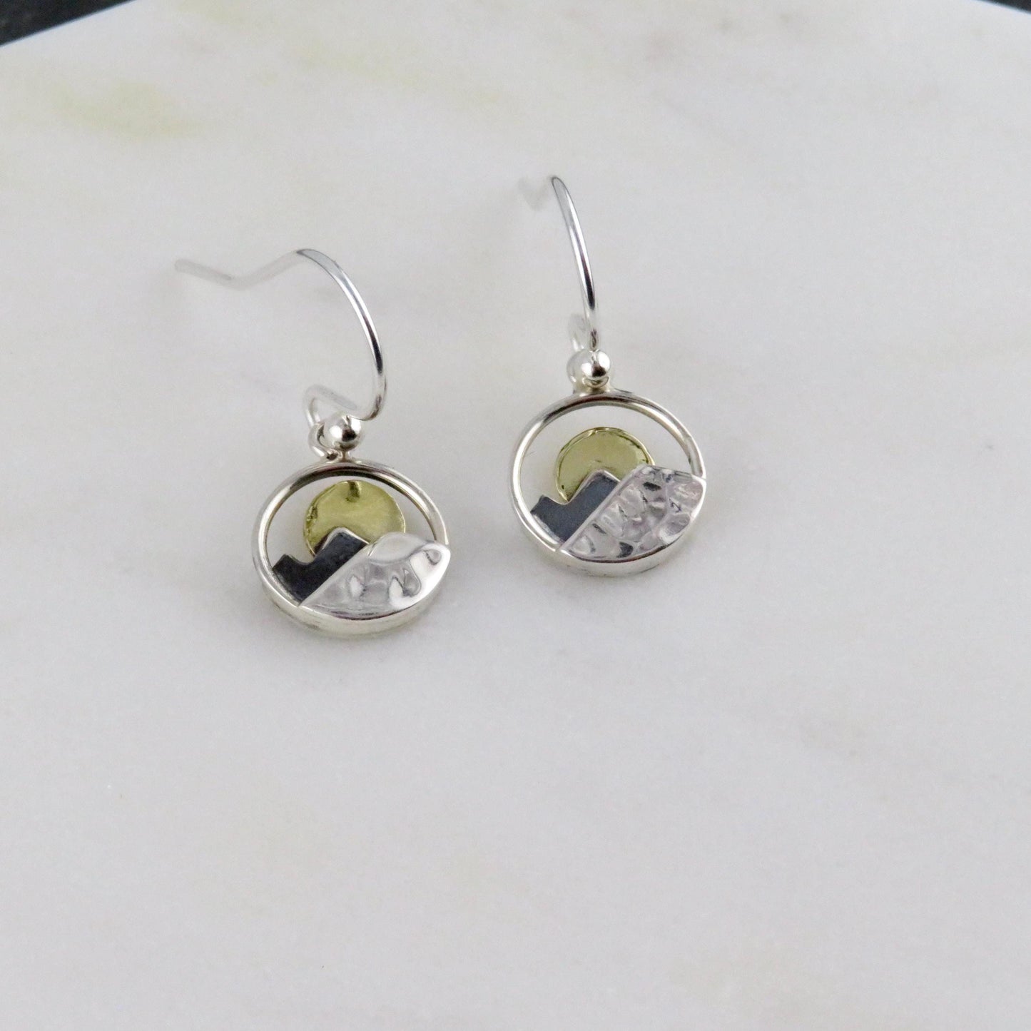 Two Tone Moon Earrings | Gold Silver Mountain Earrings | Mixed Metal Celestial Earrings | Sterling Moon Mountains Earrings | Nature Earrings