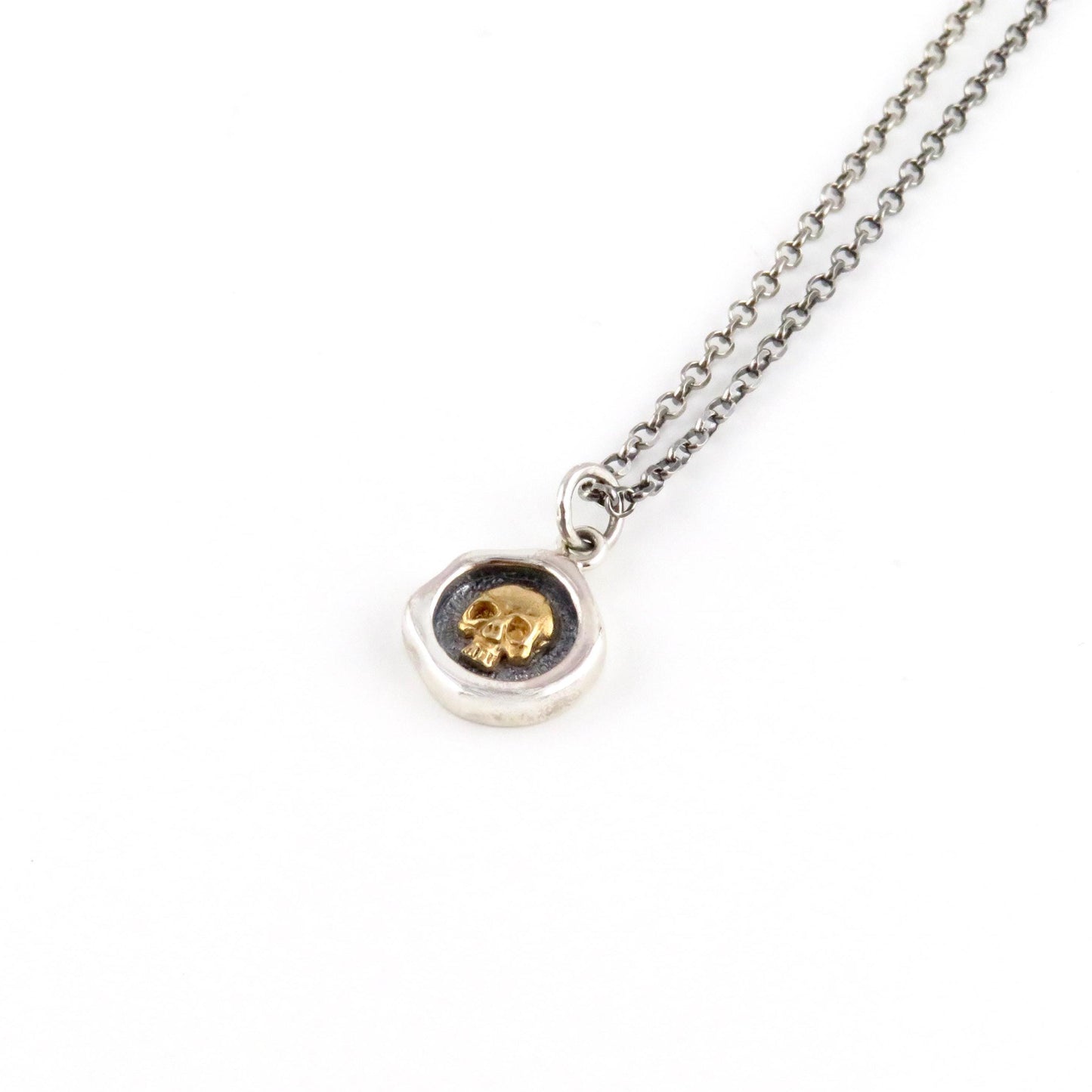 Mixed Metal Skull Necklace | Unique Skull Necklace | Silver Gold Skull| Sterling Skull Necklace | Framed Skull Pendant | Rustic SkullCharm