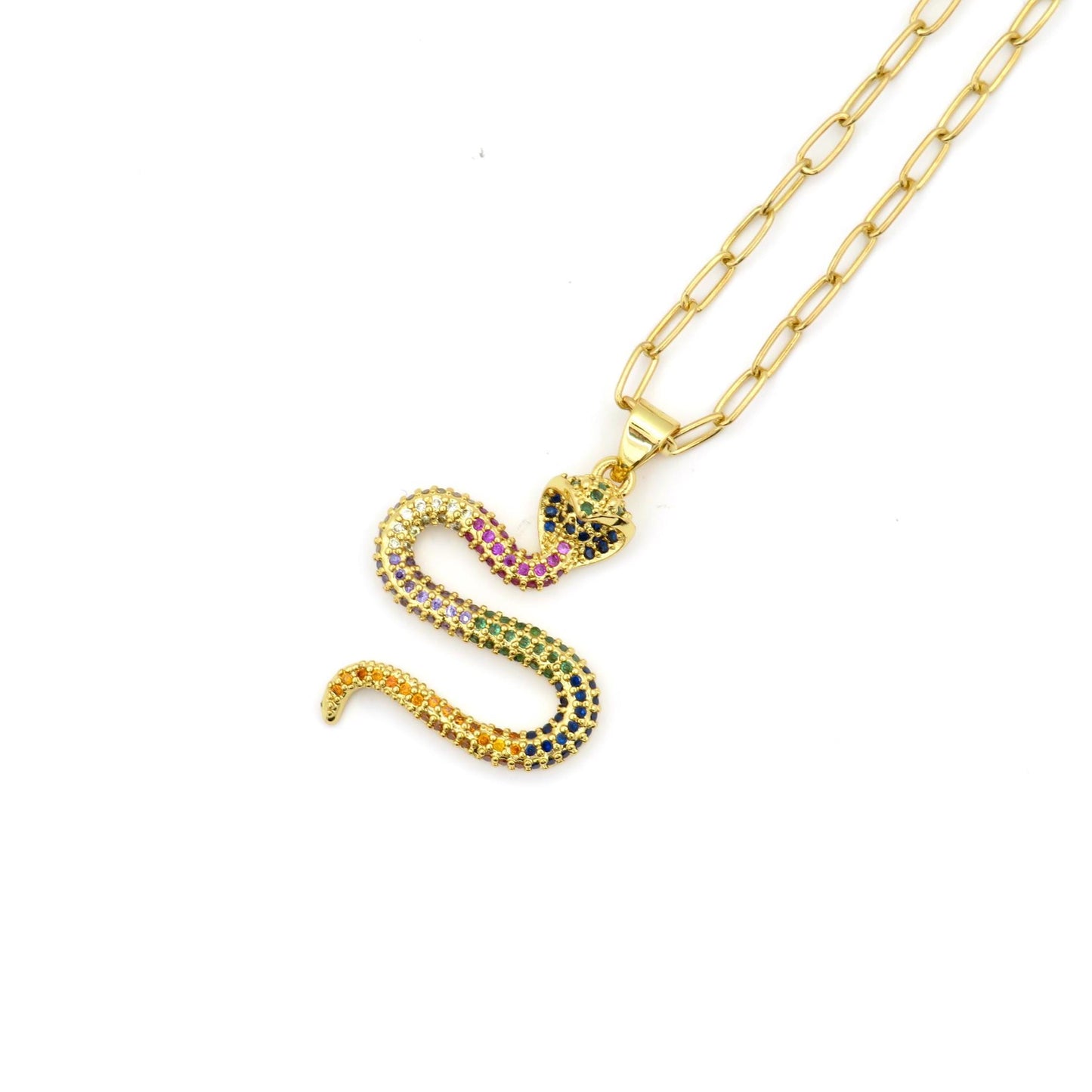 Multicolor Snake Pendant | Gold Snake Necklace | Colorful Serpent Pendant | Rainbow Crystal Snake Necklace | Sparkly Gold Serpent Necklace