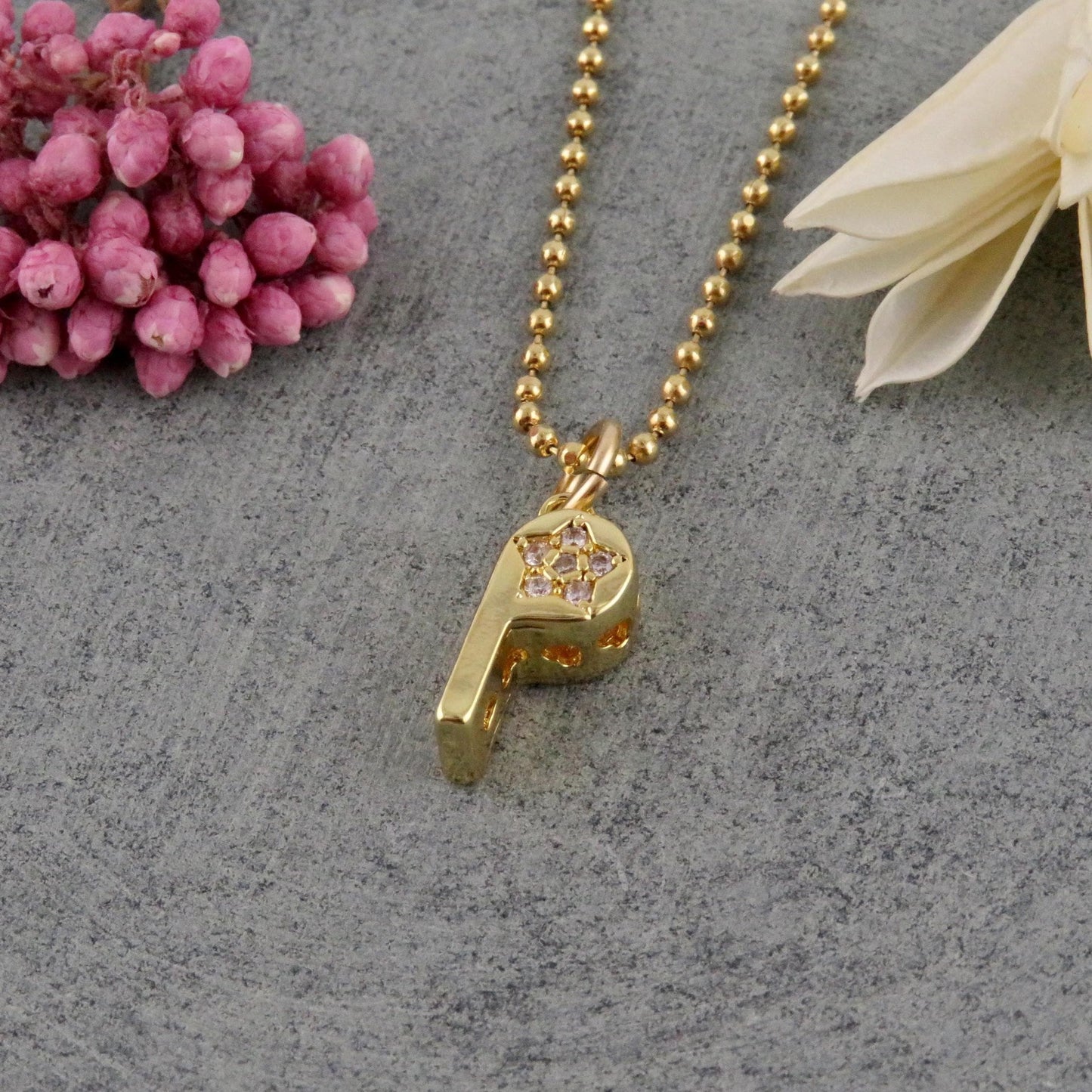 Gold Whistle Necklace | Gold CZ Whistle Pendant | Sparkly Whistle Necklace | CZ Whistle Charm Necklace |