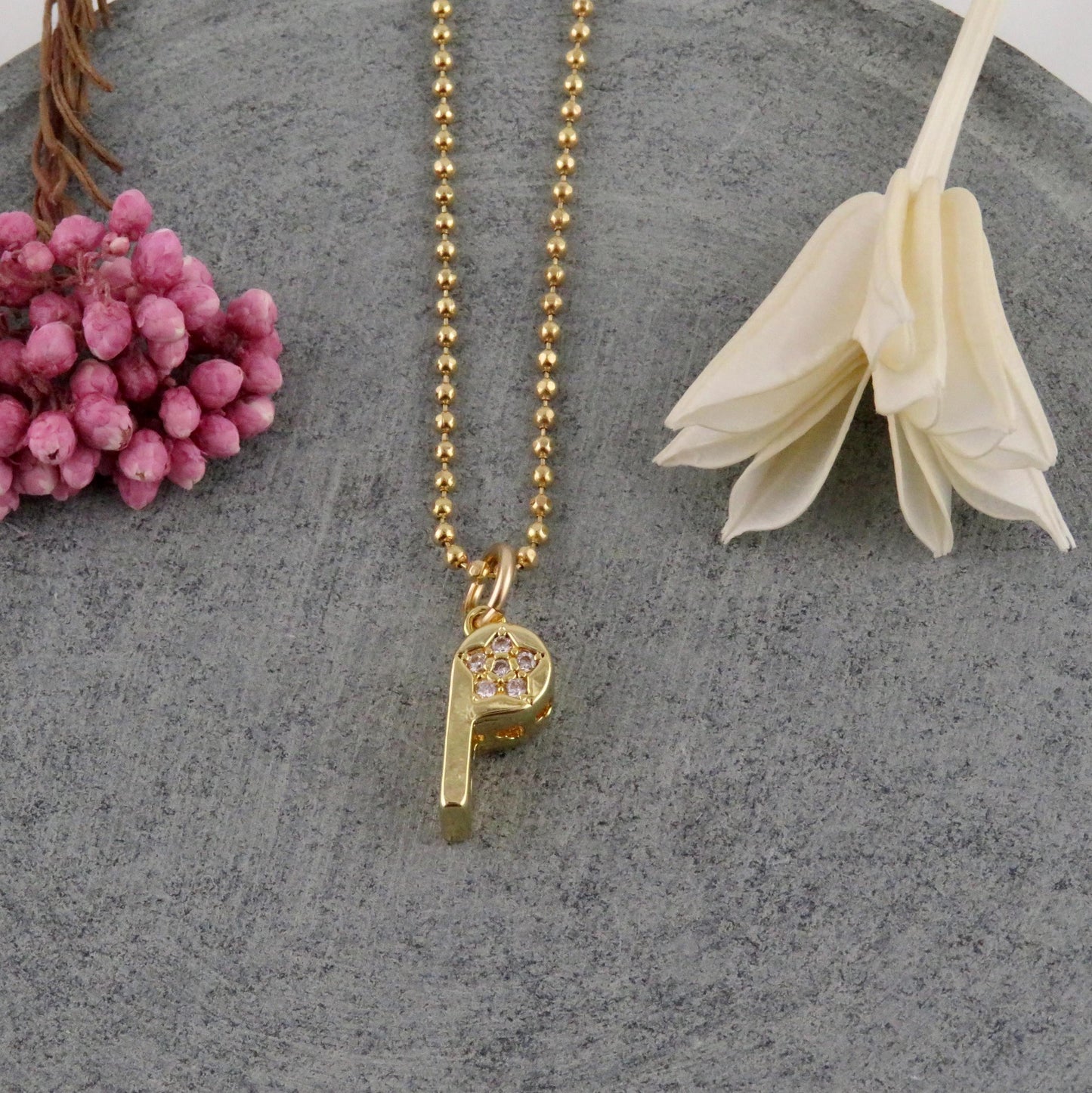 Gold Whistle Necklace | Gold CZ Whistle Pendant | Sparkly Whistle Necklace | CZ Whistle Charm Necklace |