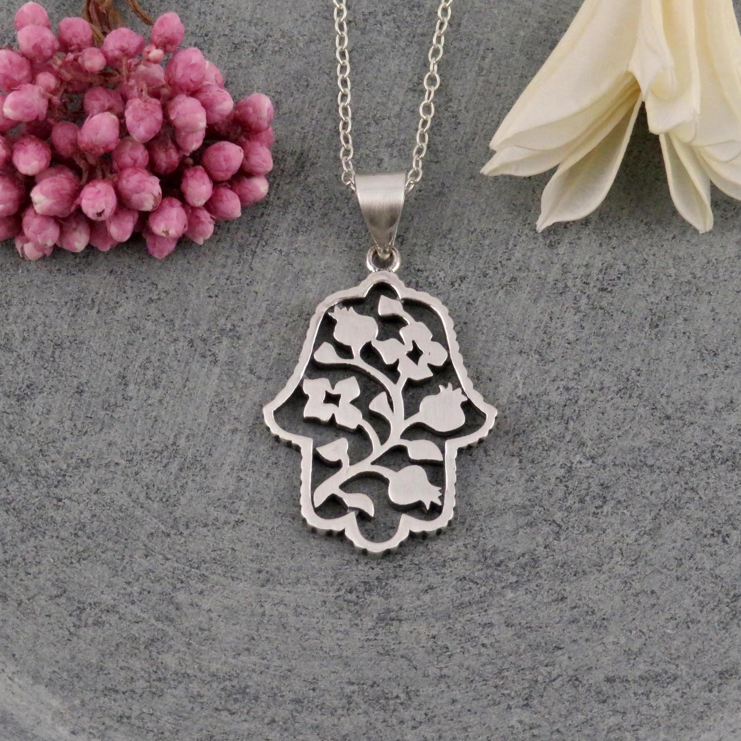 Sterling Hamsa Necklace | Silver Hamsa Pomegranate Pendant | Sterling Hand Necklace | Hamsa Pomegranate Vine Pendant | Sterling Hand Charm