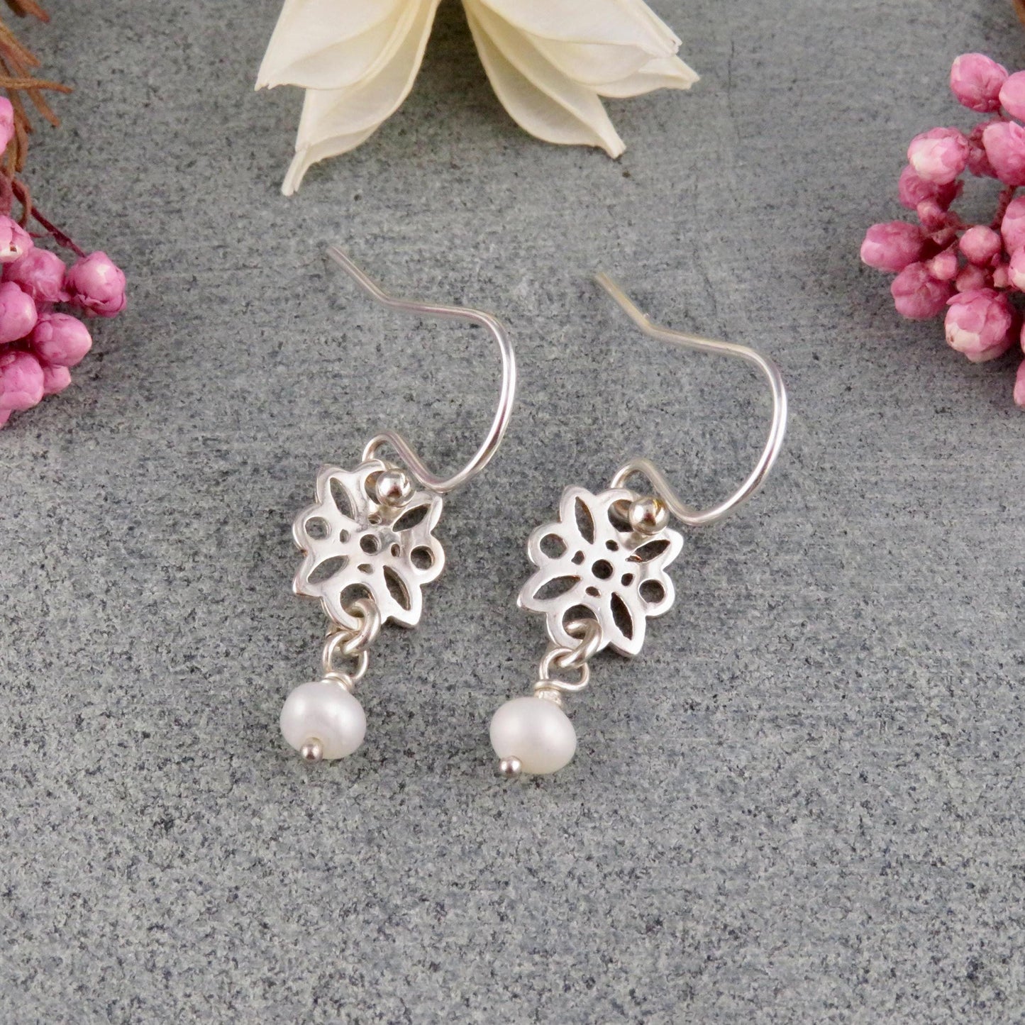 Sterling Pearl Earrings | Freshwater Pearl Silver Earrings | Sterling Delicate Pearl Earrings | Flower with Pearl Earrings | Sweet Flowers