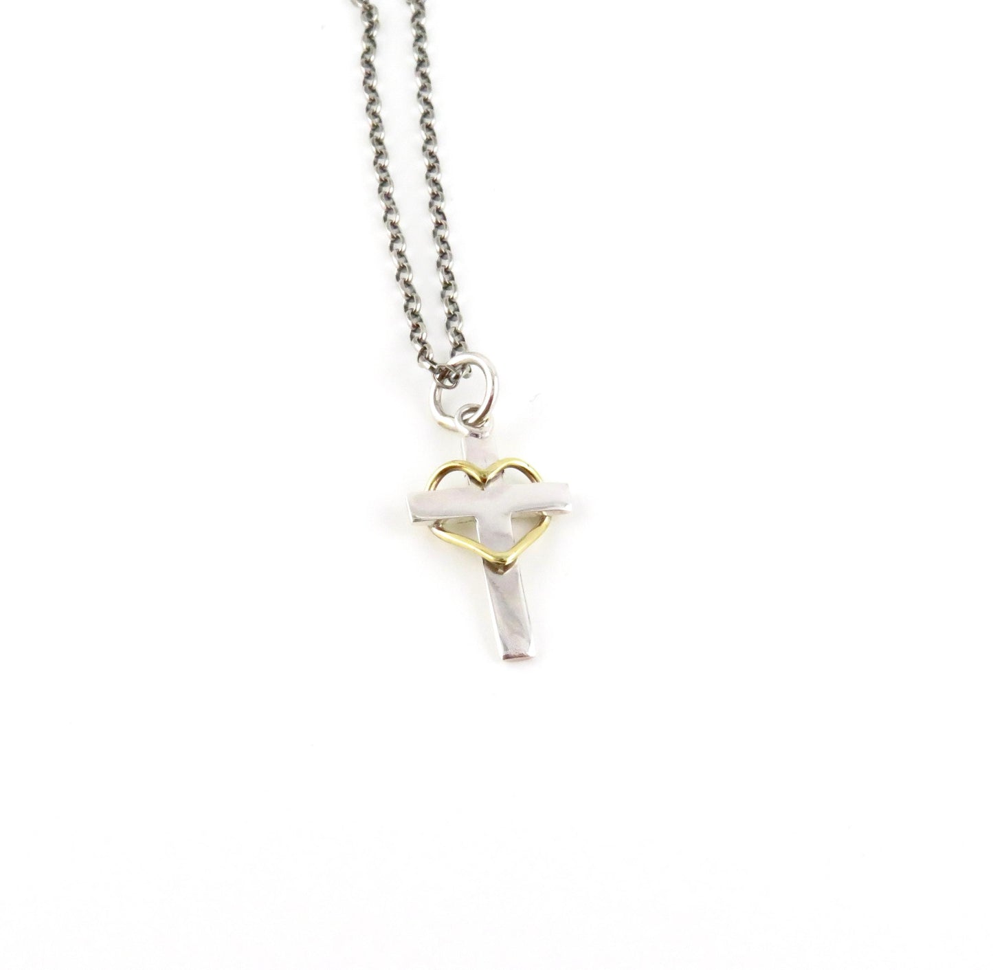 Cross Heart Necklace | Two Tone Cross Necklace | Silver Gold Cross Pendant | Mixed Metal Cross Necklace | Sterling Cross Heart Necklace