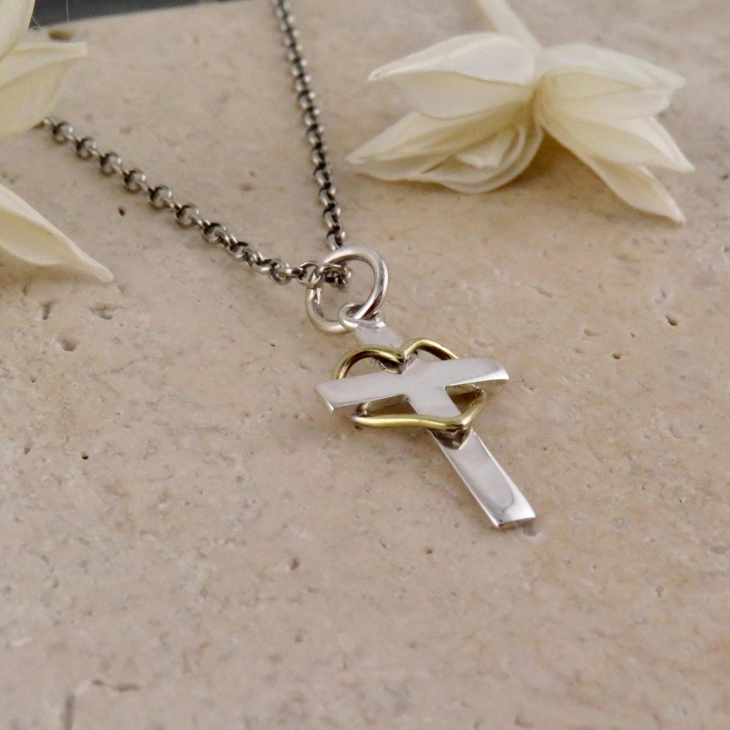 Cross Heart Necklace | Two Tone Cross Necklace | Silver Gold Cross Pendant | Mixed Metal Cross Necklace | Sterling Cross Heart Necklace