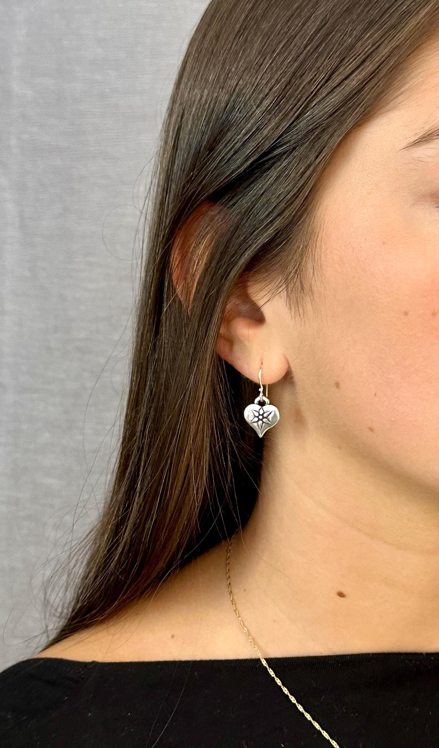 Silver Heart Earrings | Hammered Heart Earrings | Unique Silver Heart Earring | Rustic Silver Heart Earrings | Heart with Flower Earrings