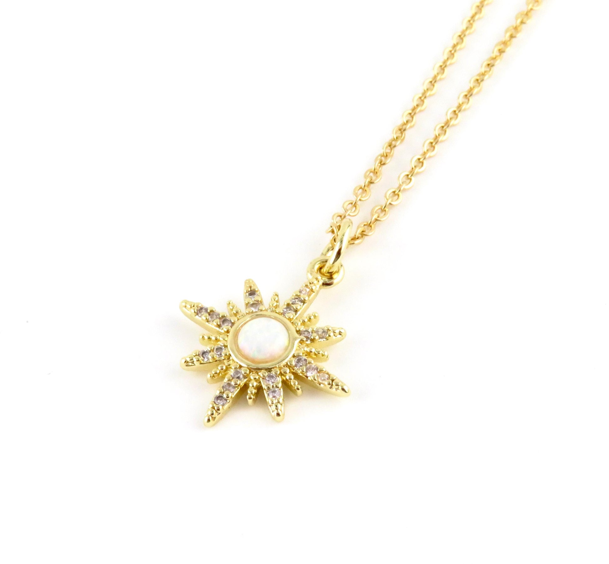Starburst Opal Necklace | Gold Opal Pendant | Gold Geo Opal Necklace | Opal CZ Charm Necklace | White Opal Star Necklace | Opal Star