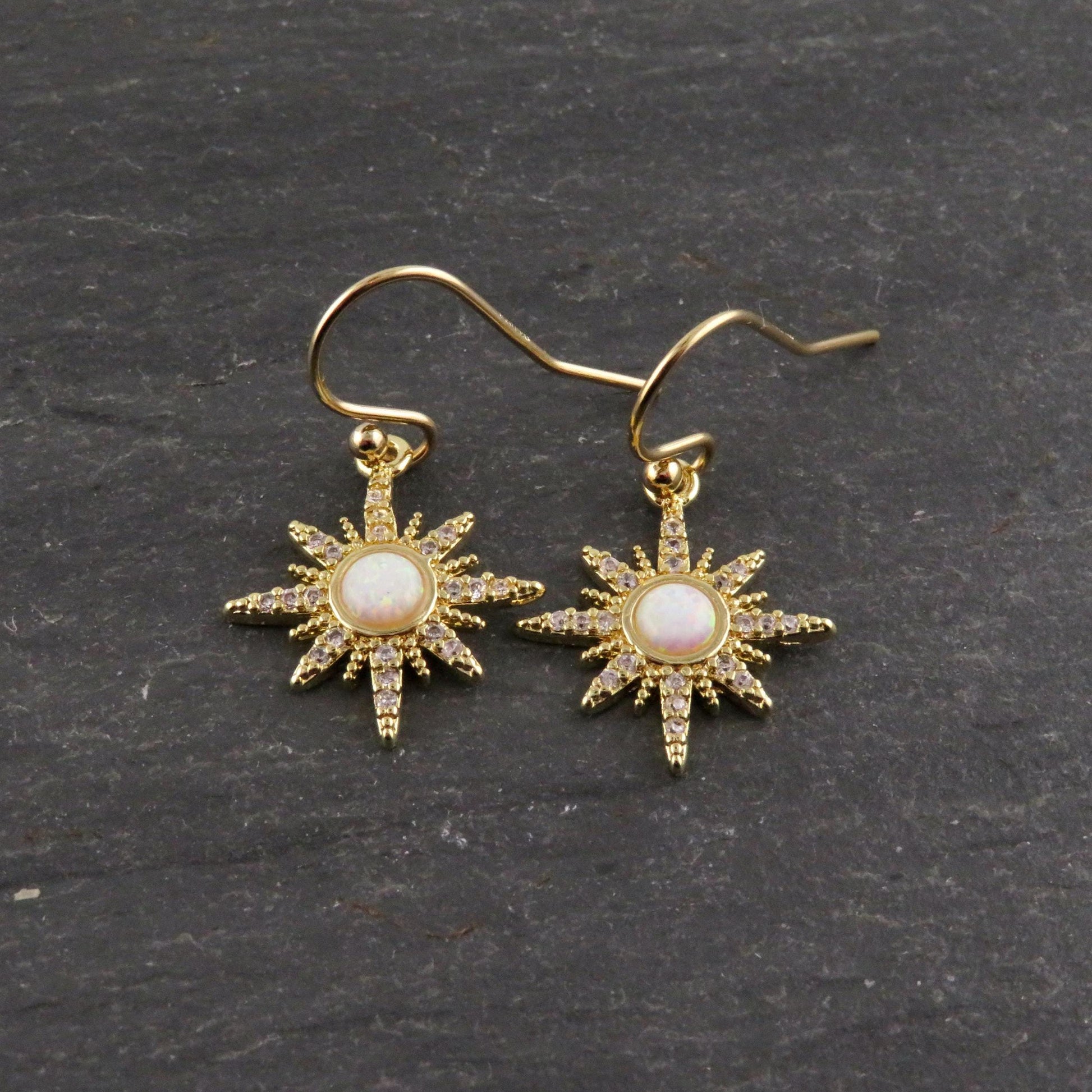 Starburst Opal Earrings | Gold Opal Earrings | Gold Geo Opal Earrings | Opal CZ Earrings | White Opal Star Earrings | Opal Star Earrings
