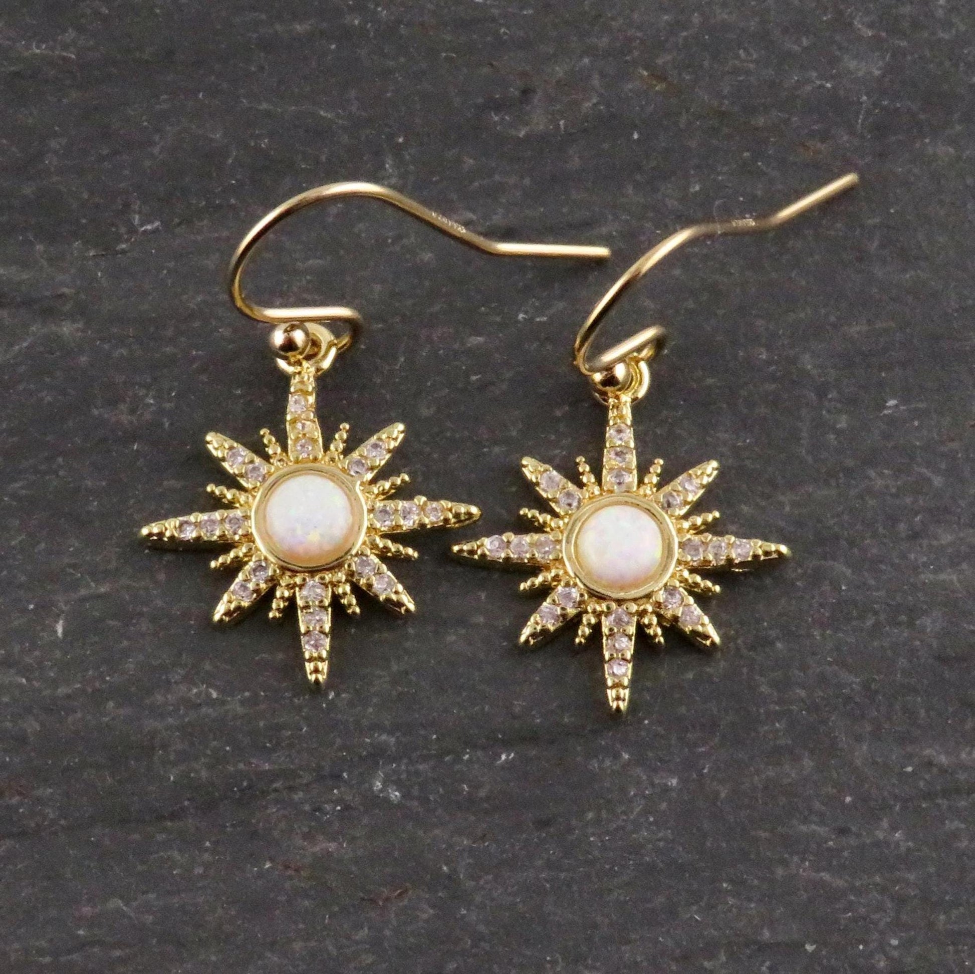 Starburst Opal Earrings | Gold Opal Earrings | Gold Geo Opal Earrings | Opal CZ Earrings | White Opal Star Earrings | Opal Star Earrings