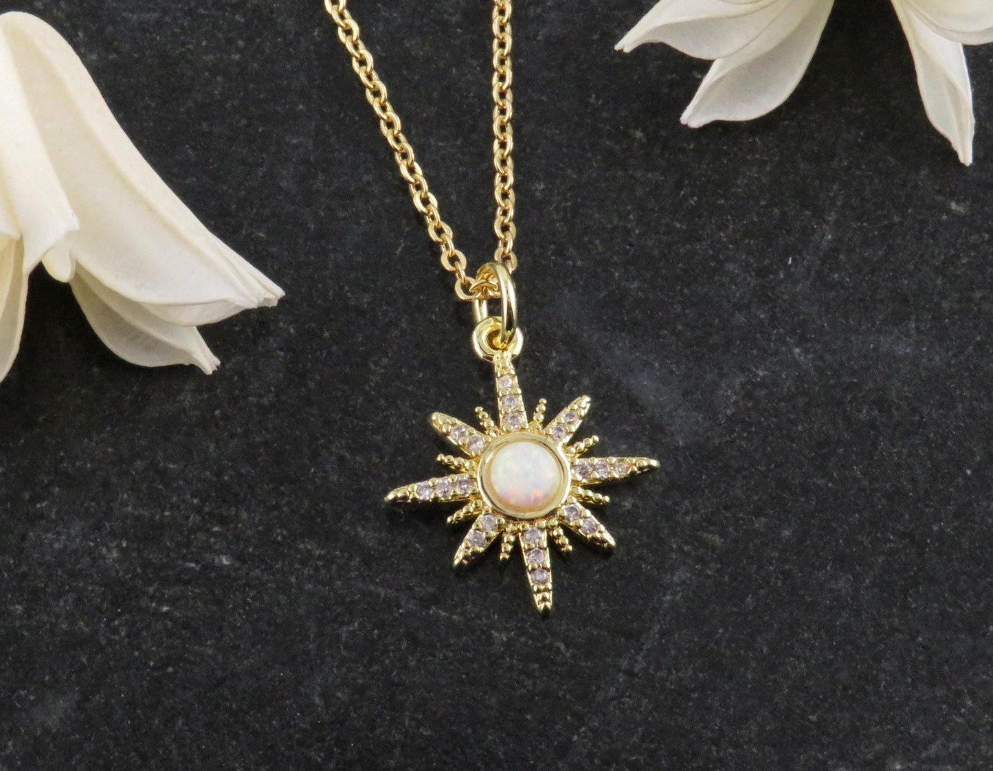 Starburst Opal Necklace | Gold Opal Pendant | Gold Geo Opal Necklace | Opal CZ Charm Necklace | White Opal Star Necklace | Opal Star