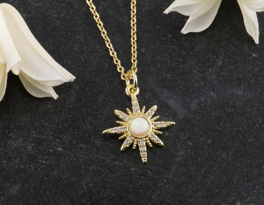 Starburst Opal Necklace | Gold Opal Pendant | Gold Geo Opal Necklace | Opal CZ Charm Necklace | White Opal Star Necklace | Opal Star
