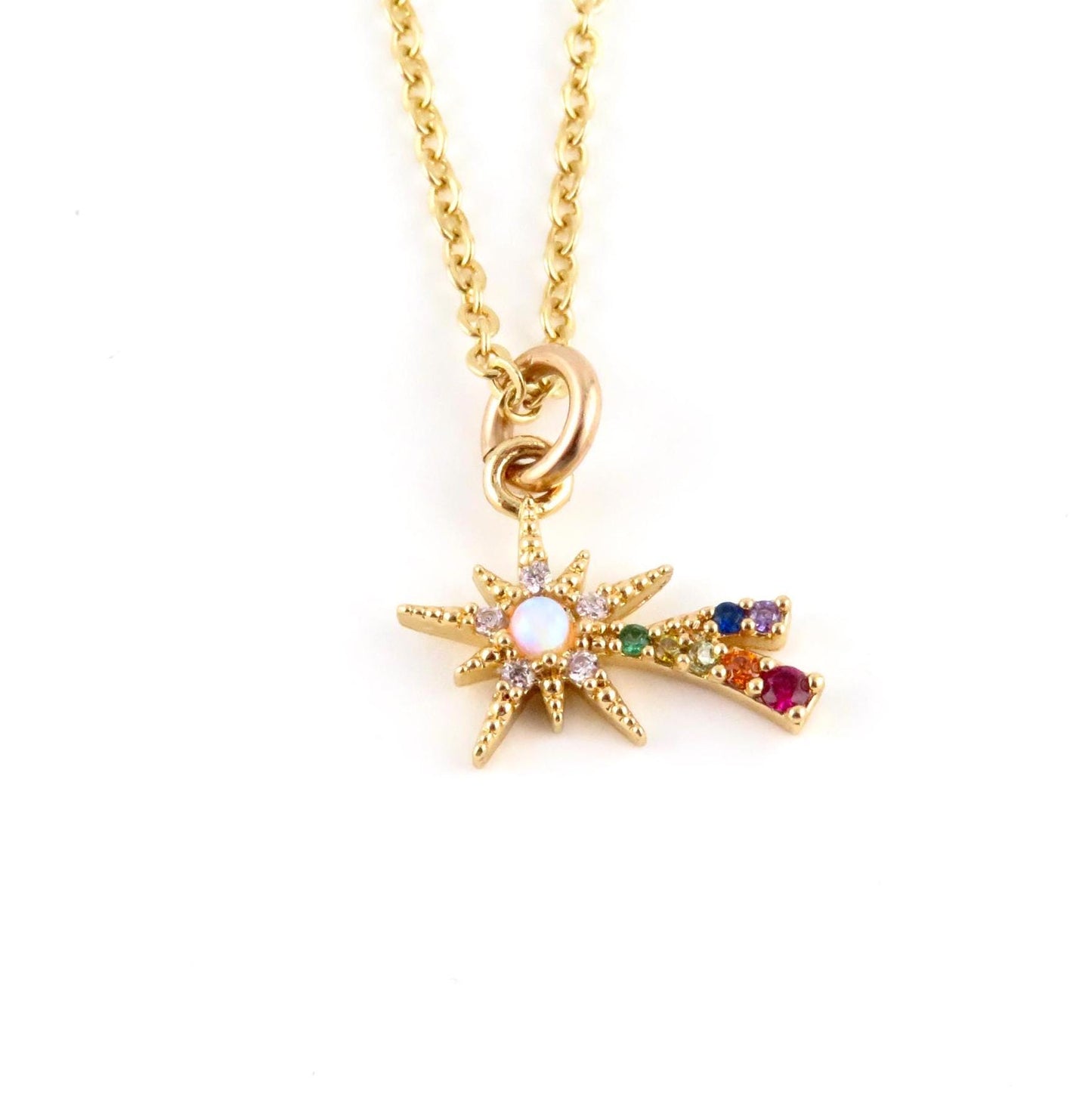 Gold Star Opal Necklace | Shooting Star Opal Pendant | Colorful Opal Necklace | Opal CZ Supernova Necklace | Opal Rainbow Star Necklace