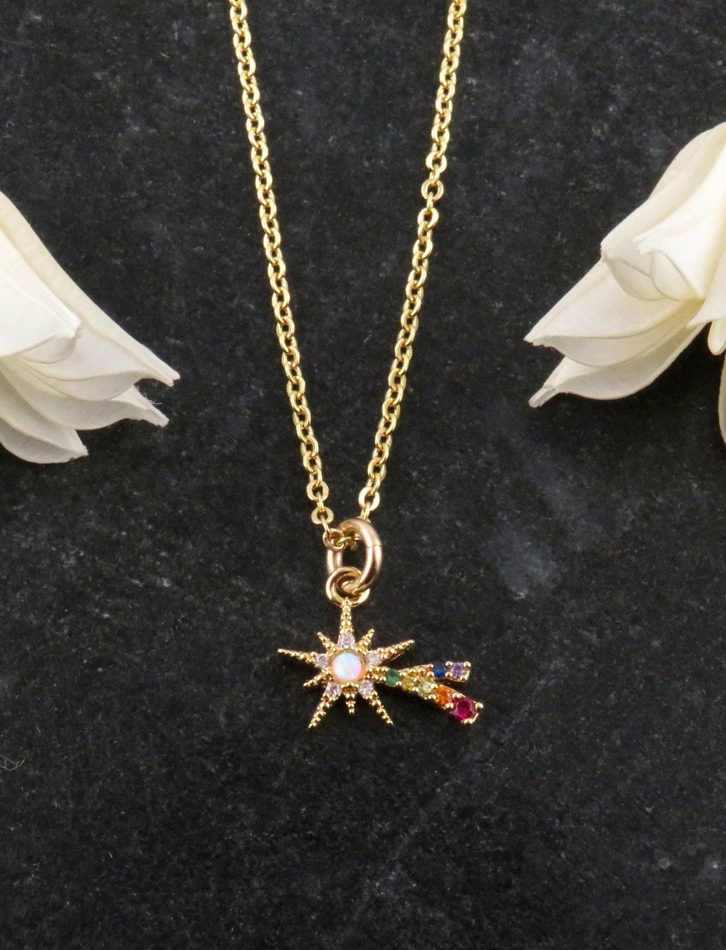 Gold Star Opal Necklace | Shooting Star Opal Pendant | Colorful Opal Necklace | Opal CZ Supernova Necklace | Opal Rainbow Star Necklace