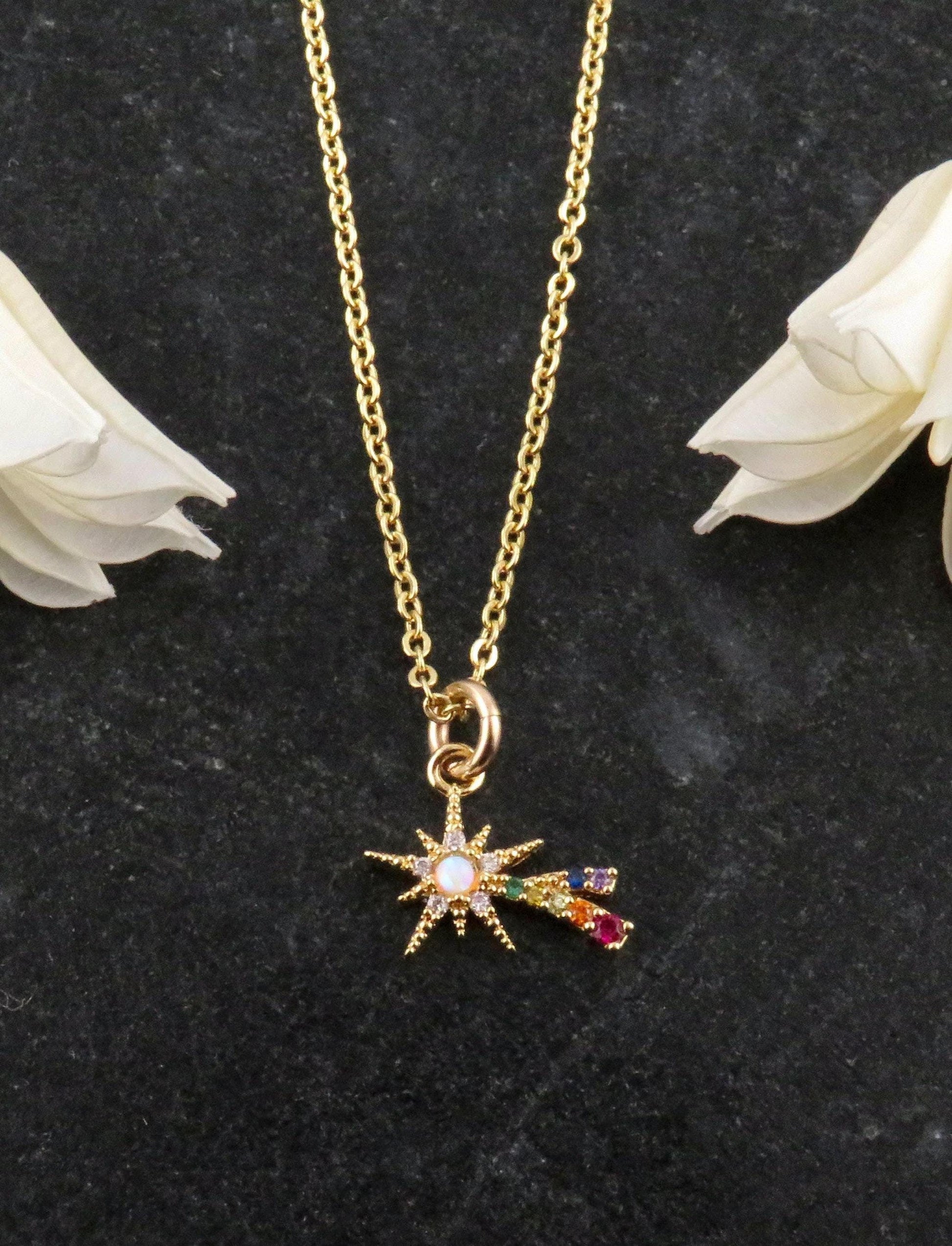Gold Star Opal Necklace | Shooting Star Opal Pendant | Colorful Opal Necklace | Opal CZ Supernova Necklace | Opal Rainbow Star Necklace