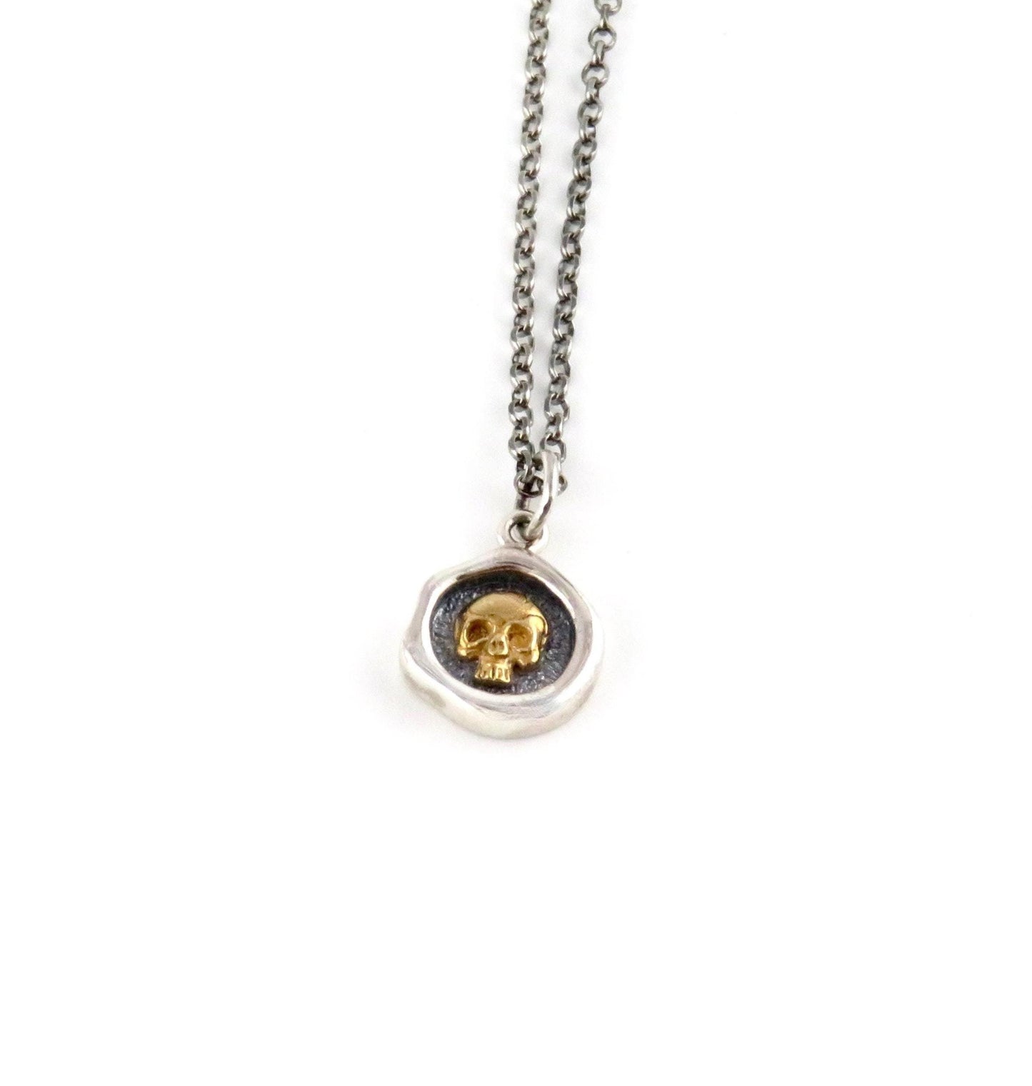 Mixed Metal Skull Necklace | Unique Skull Necklace | Silver Gold Skull| Sterling Skull Necklace | Framed Skull Pendant | Rustic SkullCharm