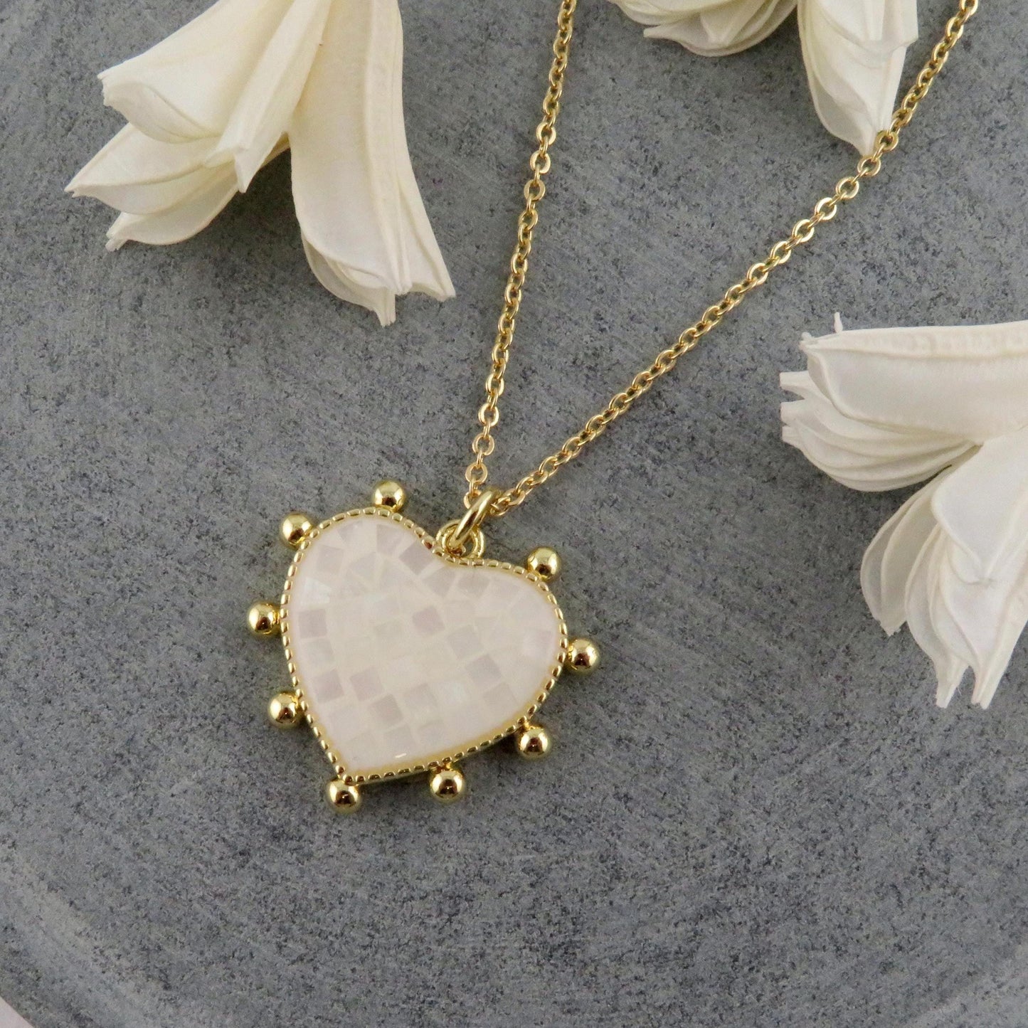 White Mosaic Pearl Heart Necklace