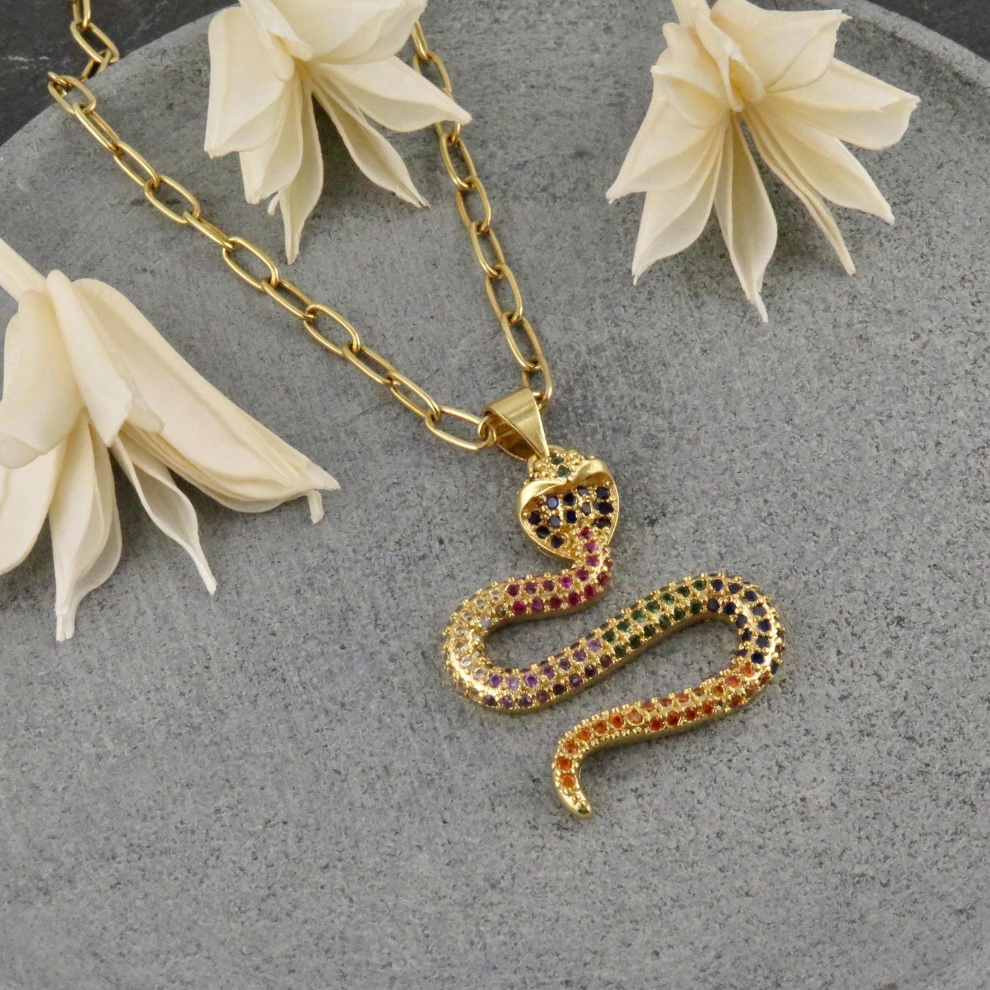 Multicolor Snake Pendant | Gold Snake Necklace | Colorful Serpent Pendant | Rainbow Crystal Snake Necklace | Sparkly Gold Serpent Necklace