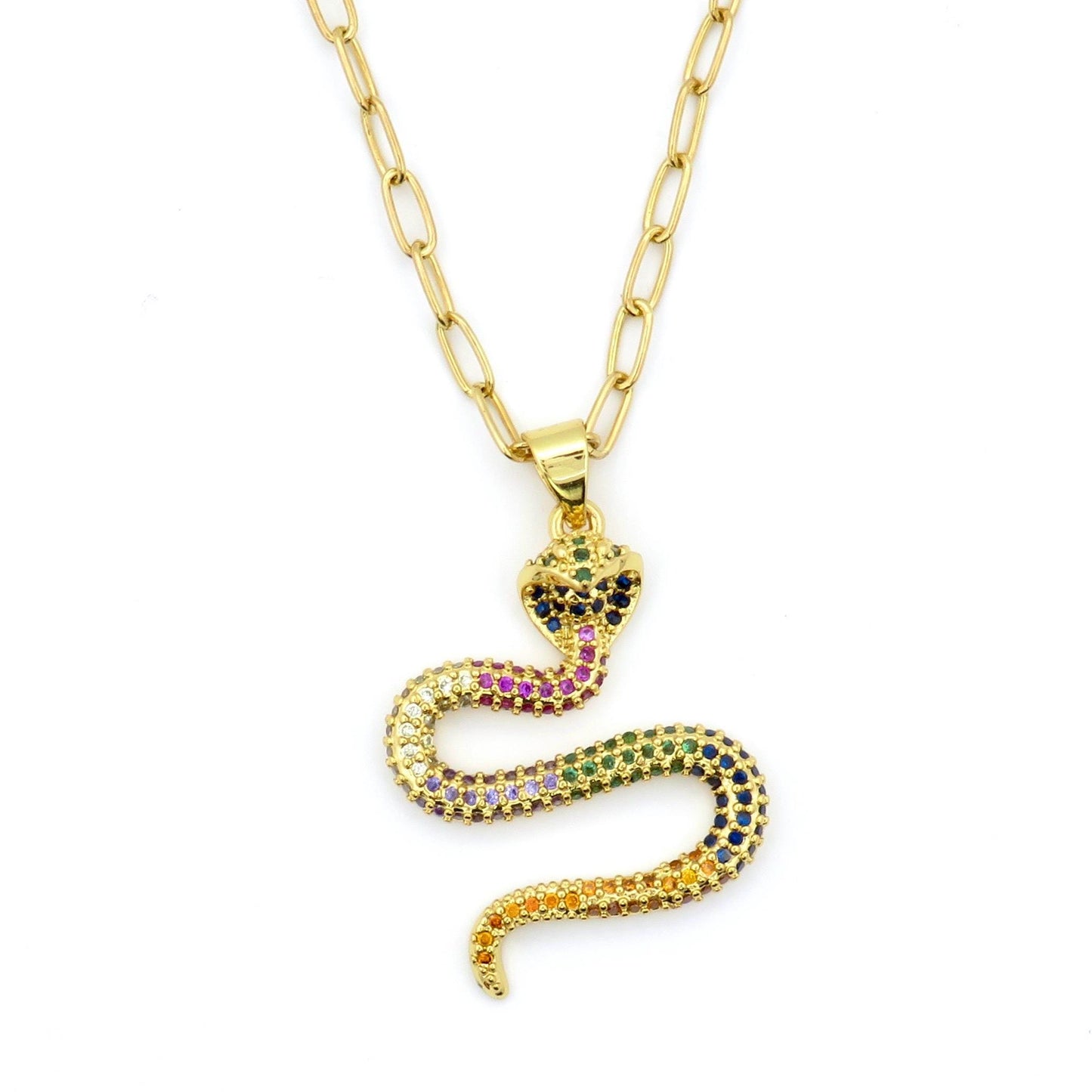 Multicolor Snake Pendant | Gold Snake Necklace | Colorful Serpent Pendant | Rainbow Crystal Snake Necklace | Sparkly Gold Serpent Necklace
