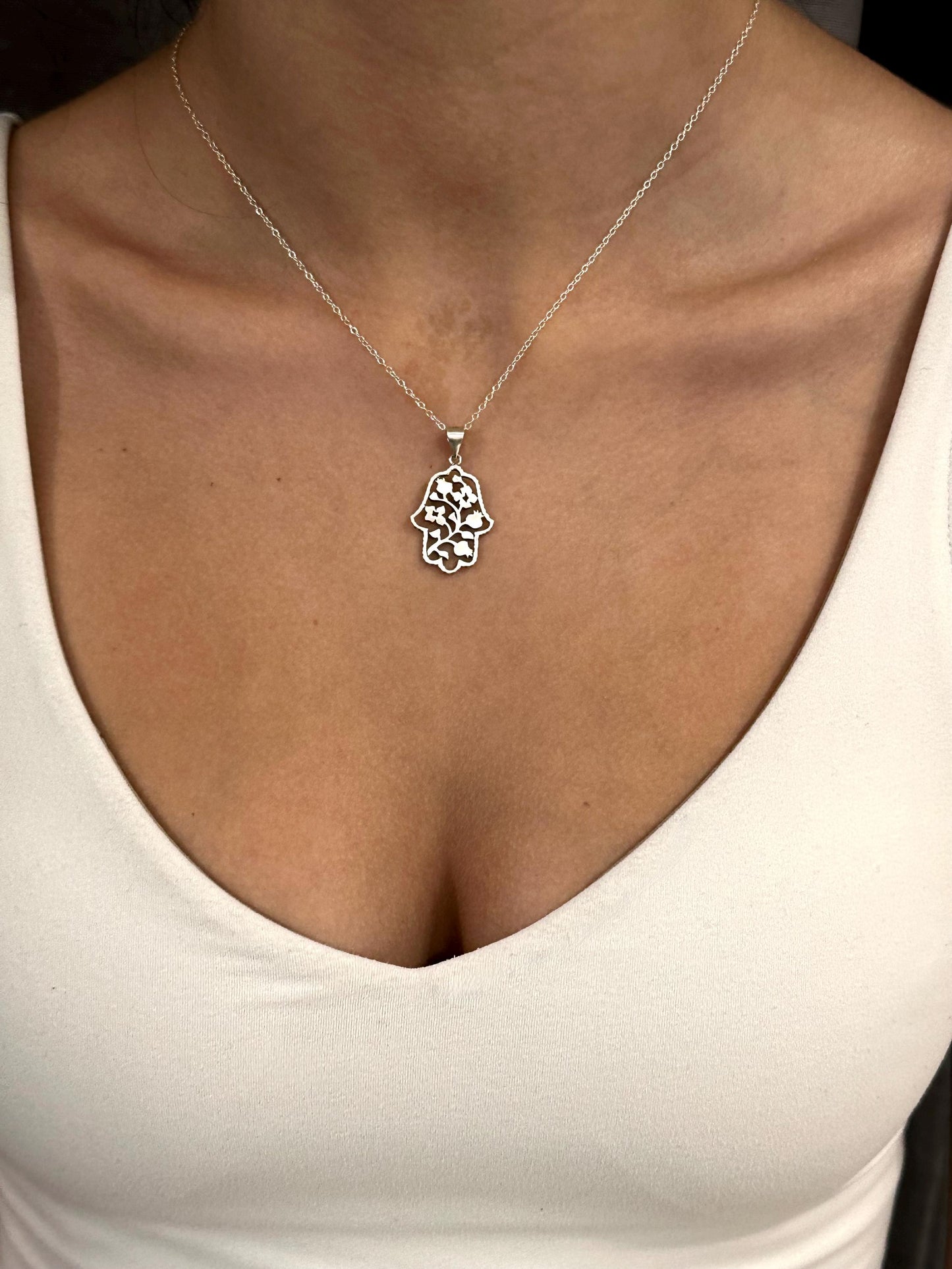 Sterling Hamsa Necklace | Silver Hamsa Pomegranate Pendant | Sterling Hand Necklace | Hamsa Pomegranate Vine Pendant | Sterling Hand Charm