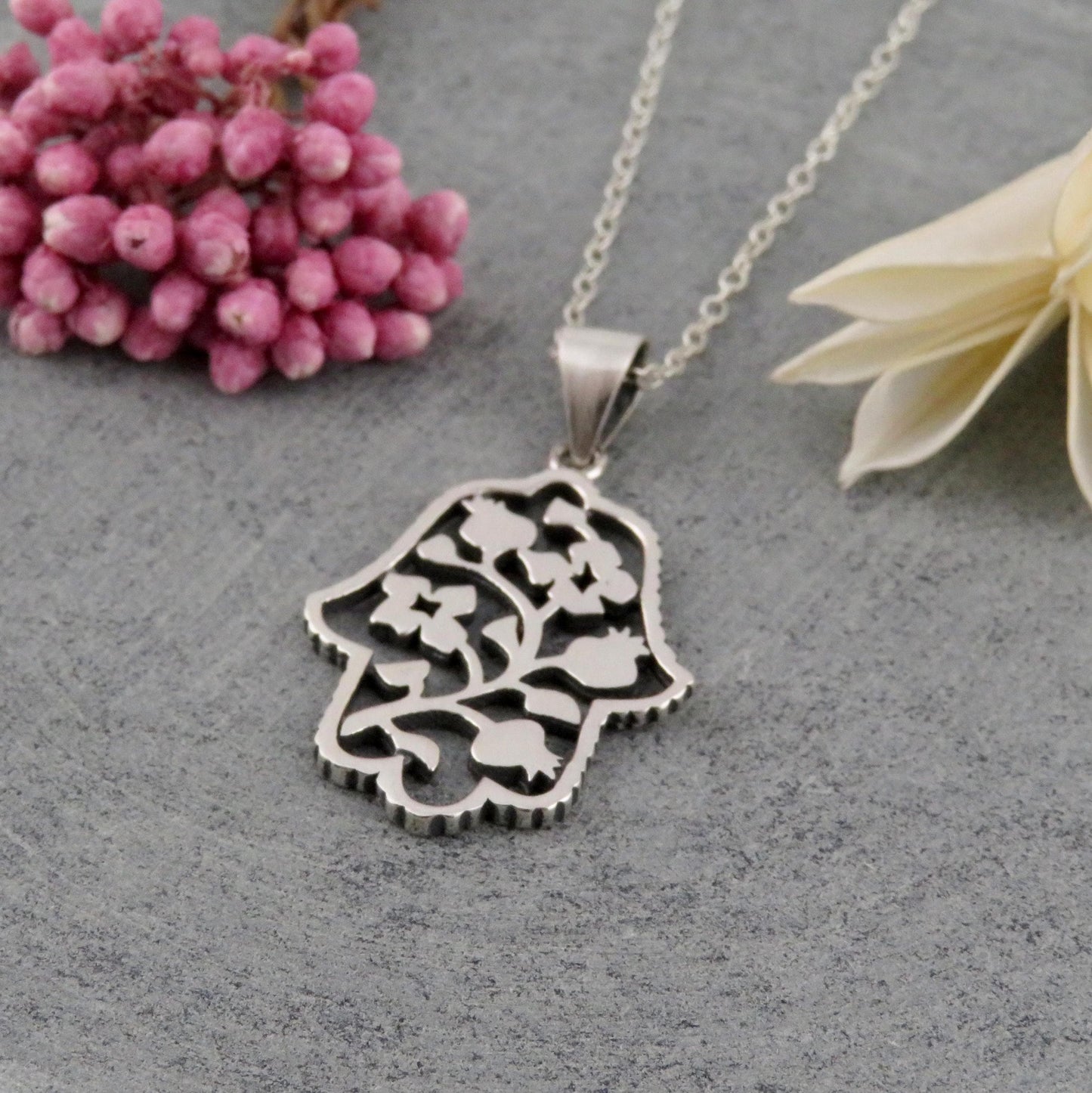 Sterling Hamsa Necklace | Silver Hamsa Pomegranate Pendant | Sterling Hand Necklace | Hamsa Pomegranate Vine Pendant | Sterling Hand Charm