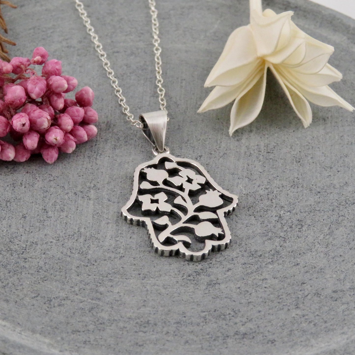 Sterling Hamsa Necklace | Silver Hamsa Pomegranate Pendant | Sterling Hand Necklace | Hamsa Pomegranate Vine Pendant | Sterling Hand Charm